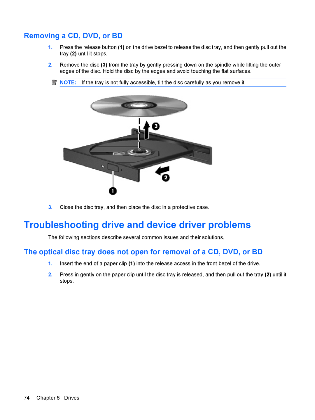 HP G72-B66US manual Troubleshooting drive and device driver problems, Removing a CD, DVD, or BD 