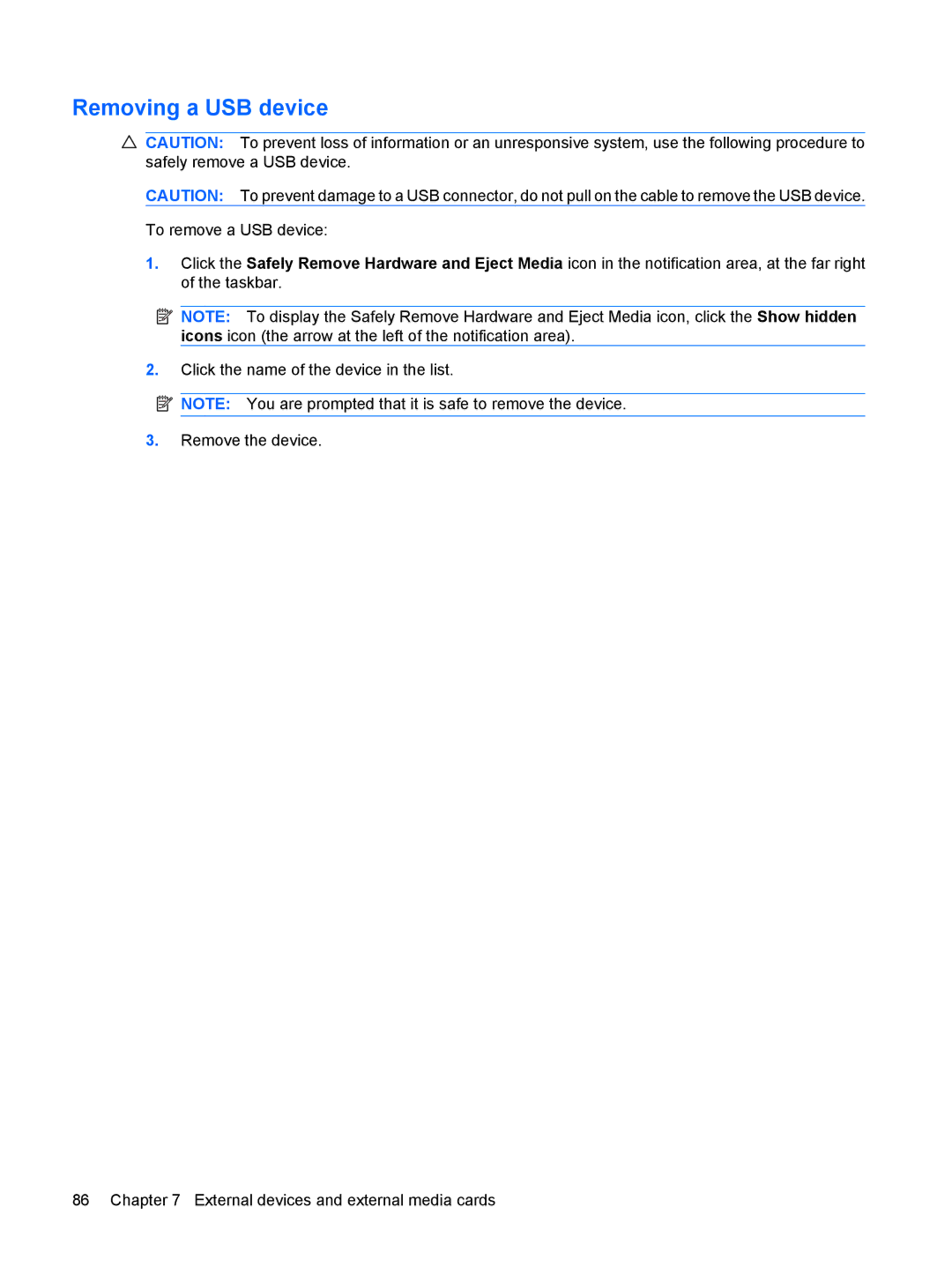 HP G72-B66US manual Removing a USB device 