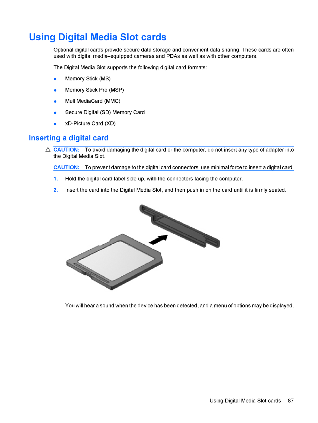 HP G72-B66US manual Using Digital Media Slot cards, Inserting a digital card 