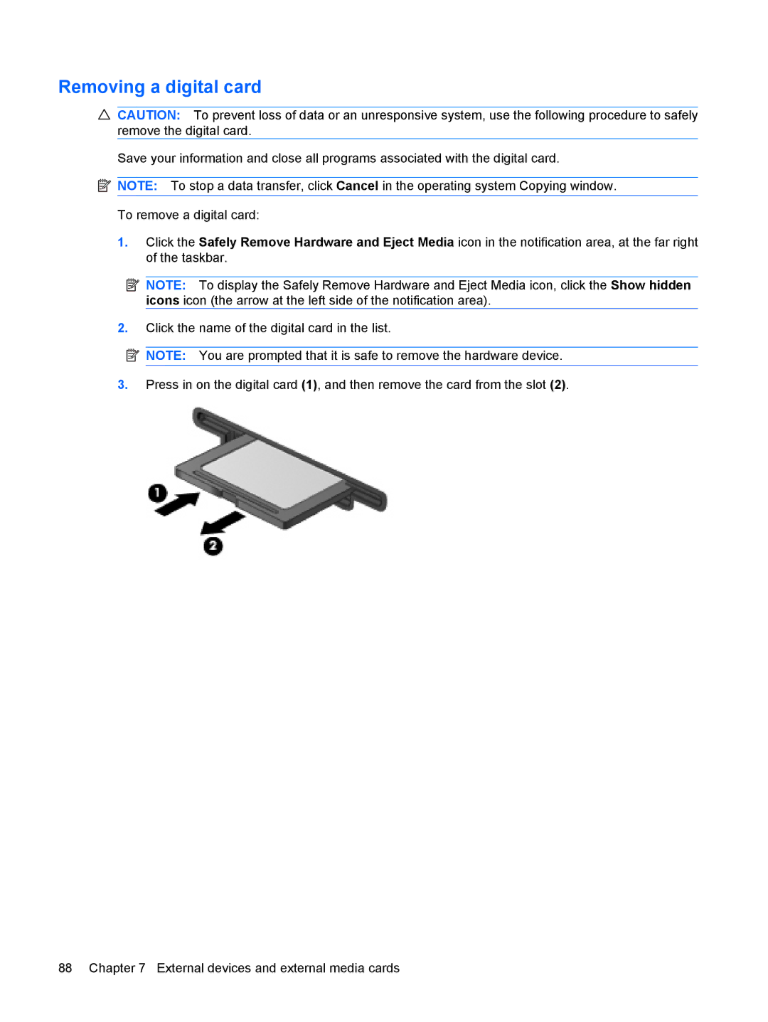 HP G72-B66US manual Removing a digital card 