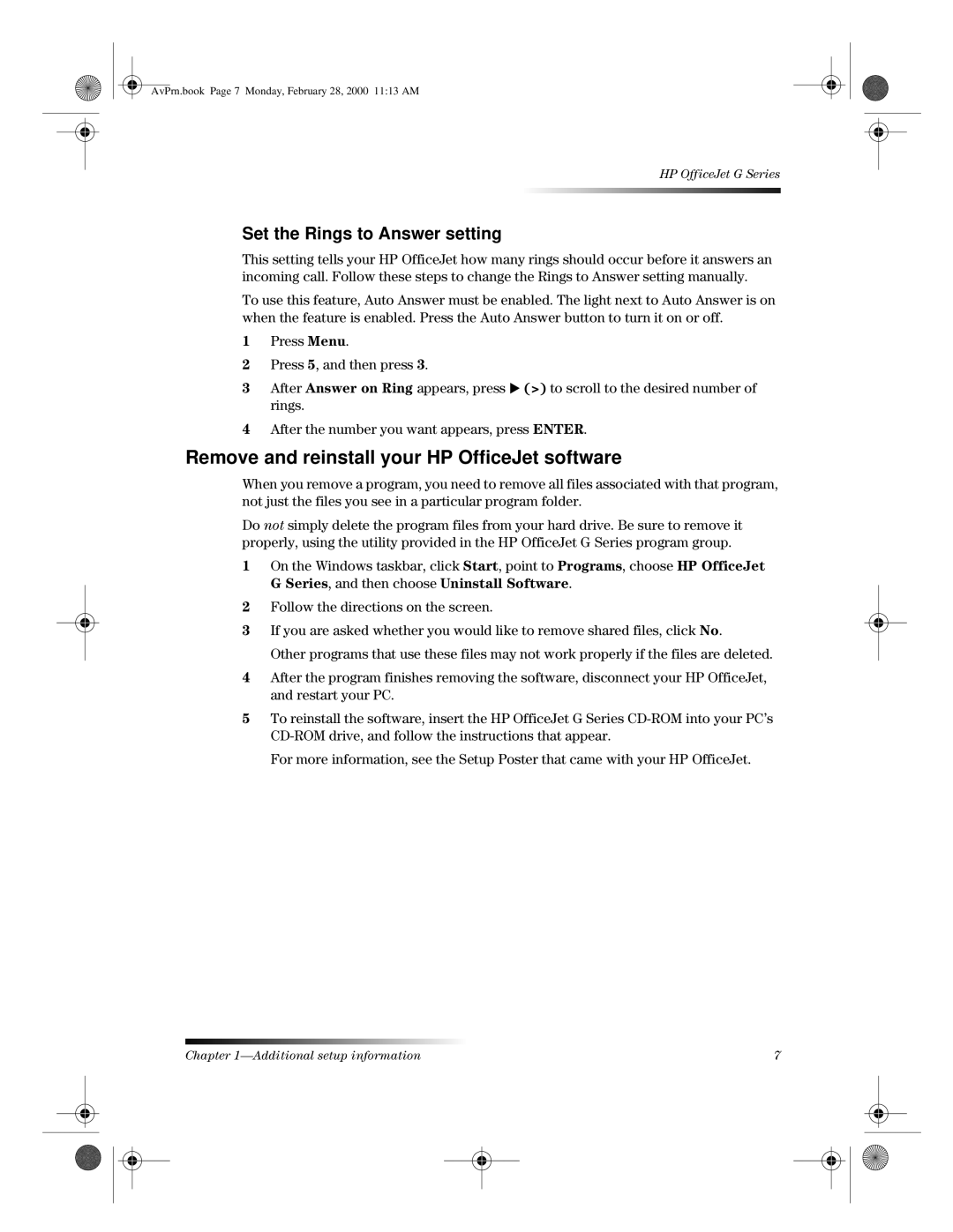 HP g85xi, g95, g55xi manual Remove and reinstall your HP OfficeJet software, Set the Rings to Answer setting 