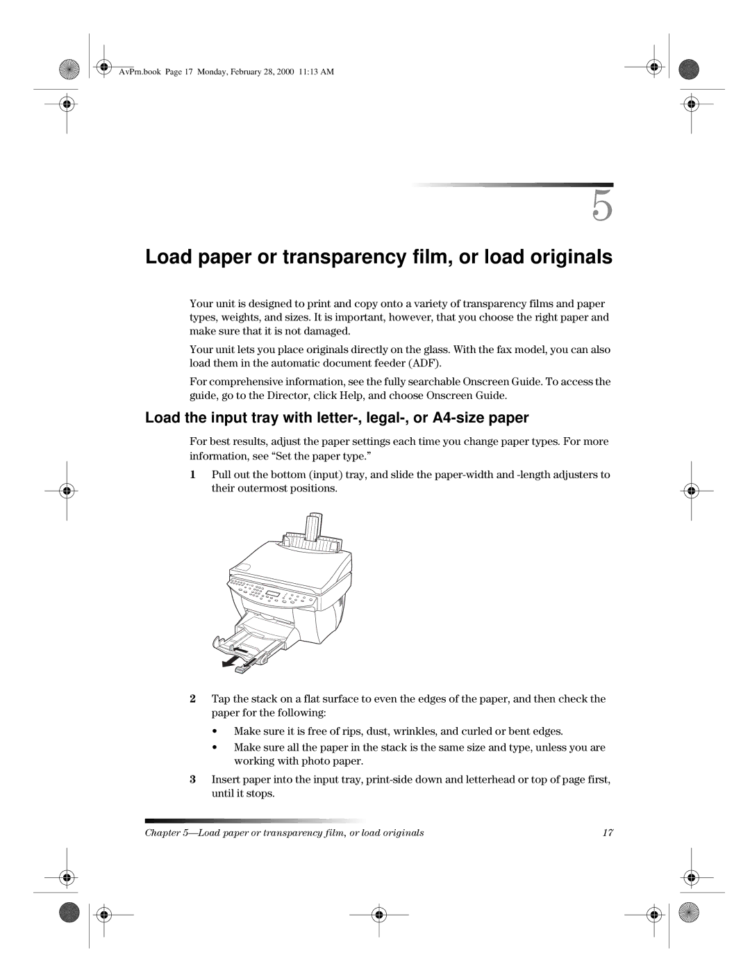 HP g85xi Load paper or transparency film, or load originals, Load the input tray with letter-, legal-, or A4-size paper 