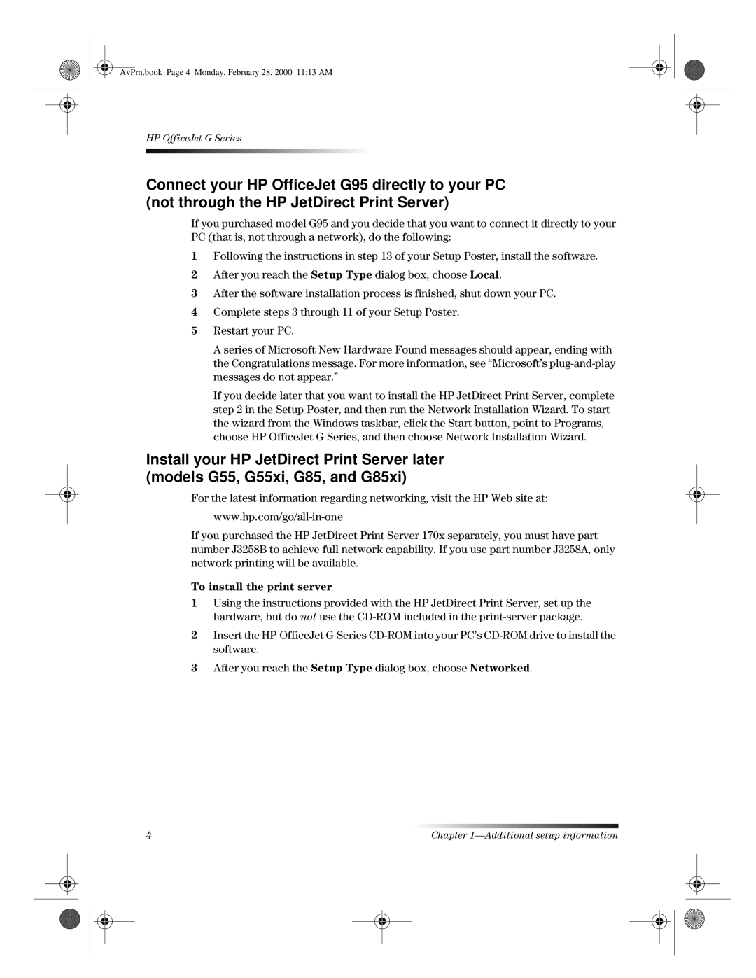 HP g55xi, g85xi, g95 manual AvPrn.book Page 4 Monday, February 28, 2000 1113 AM 