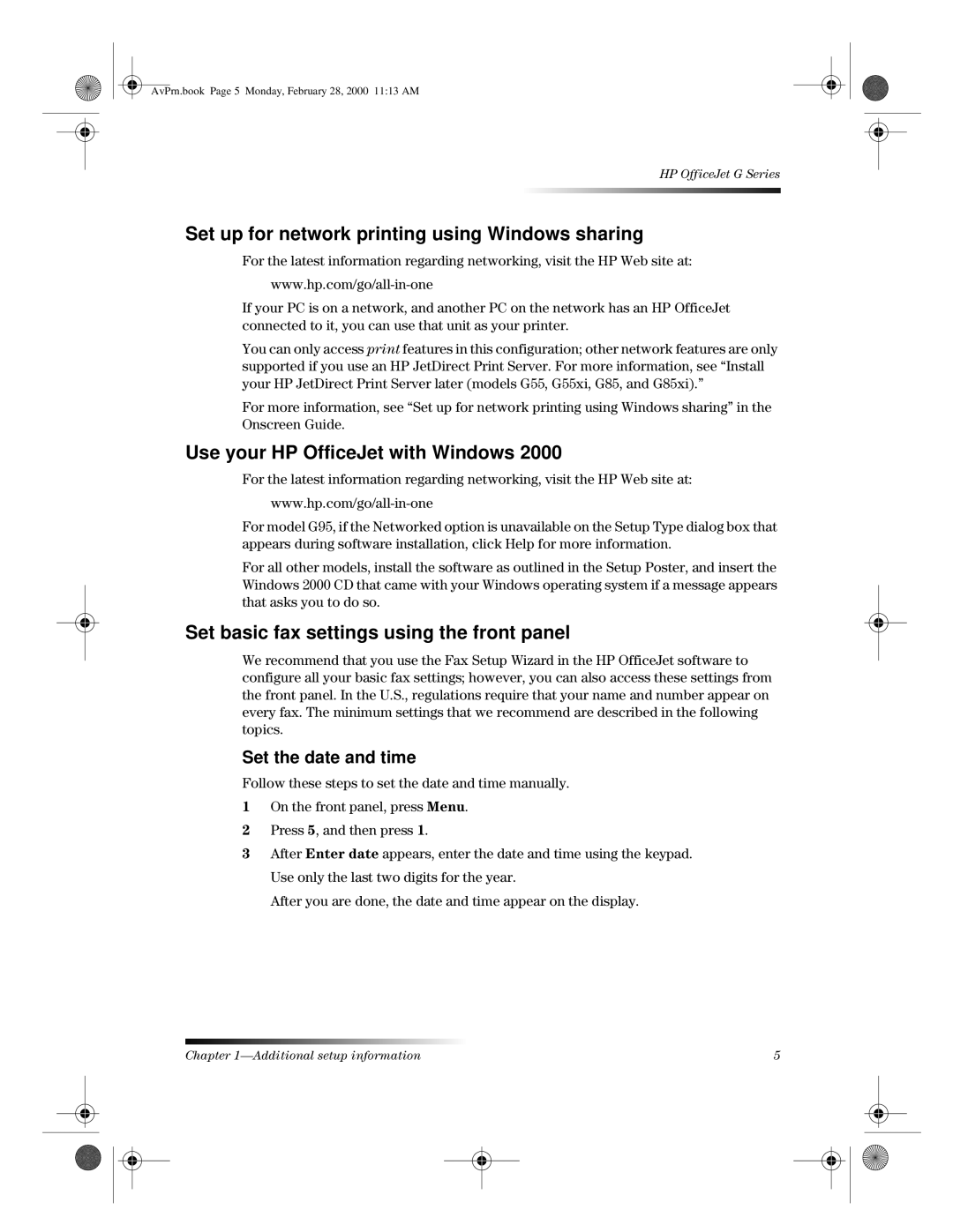 HP g55, g85 Set up for network printing using Windows sharing, Use your HP OfficeJet with Windows, Set the date and time 