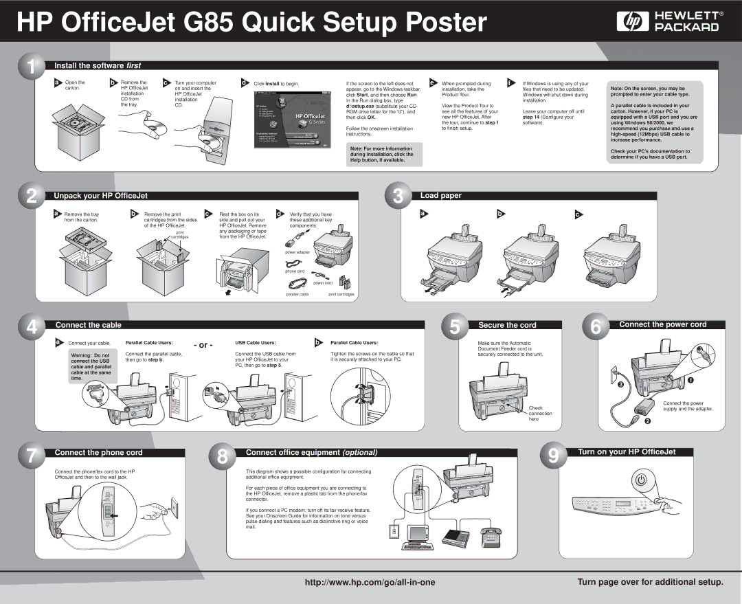 HP g85xi manual Install the software first, Unpack your HP OfficeJet, Load paper Connect the cable, Secure the cord 