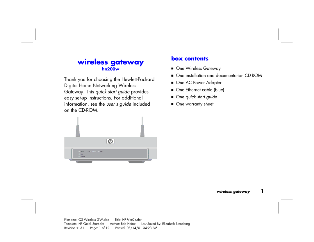 HP Gateway hn200w manual Wireless gateway, Box contents 