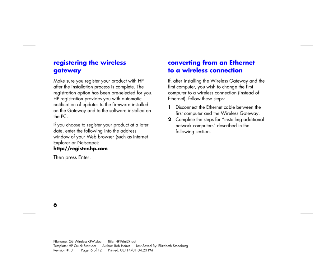 HP Gateway hn200w manual Registering the wireless gateway, Converting from an Ethernet to a wireless connection 