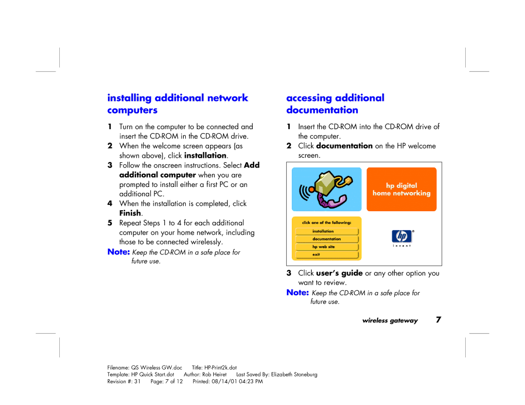 HP Gateway hn200w manual Installing additional network computers, Accessing additional documentation 