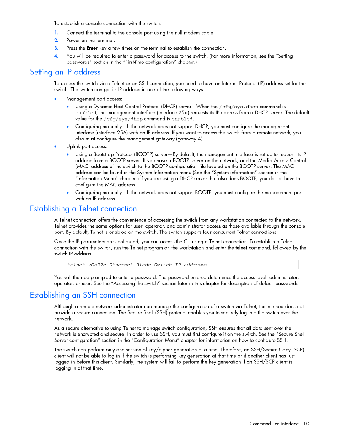 HP GbE2c manual Setting an IP address, Establishing a Telnet connection, Establishing an SSH connection 