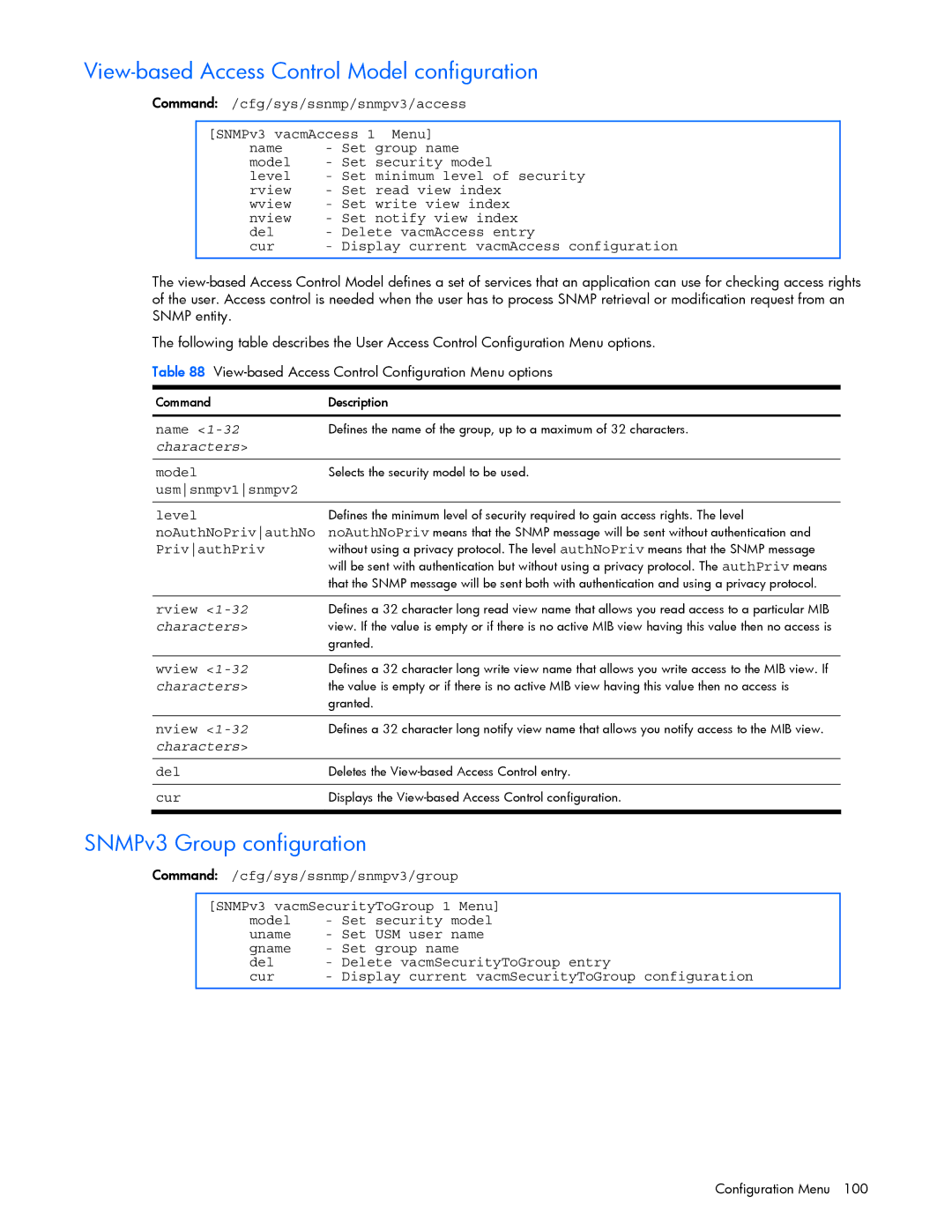 HP GbE2c View-based Access Control Model configuration, SNMPv3 Group configuration, Usmsnmpv1snmpv2 Level, PrivauthPriv 