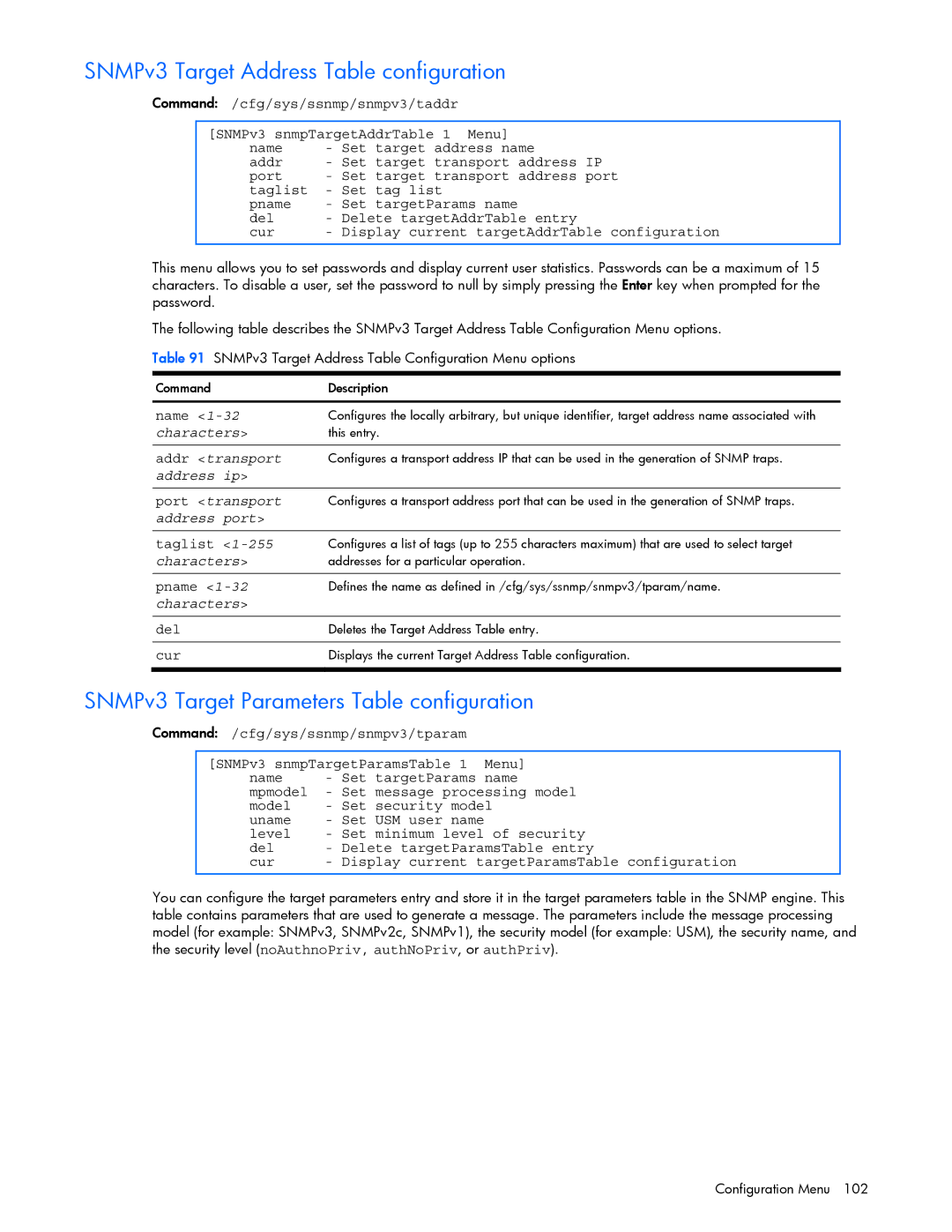 HP GbE2c manual SNMPv3 Target Address Table configuration, SNMPv3 Target Parameters Table configuration, Addr transport 