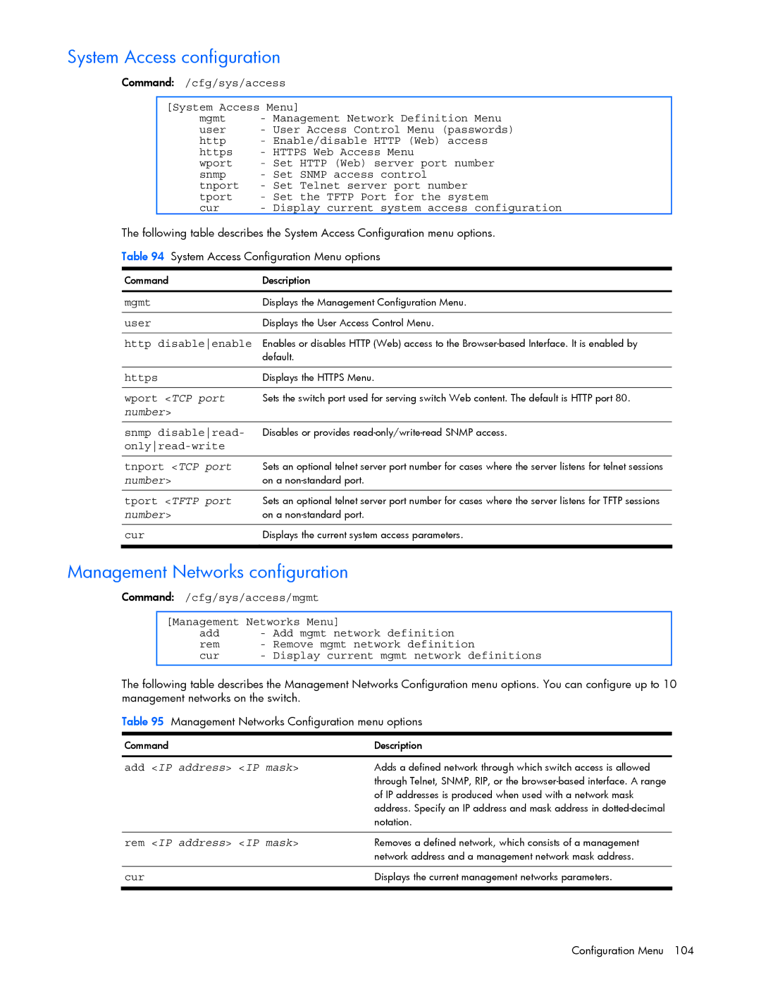 HP GbE2c manual System Access configuration, Management Networks configuration 