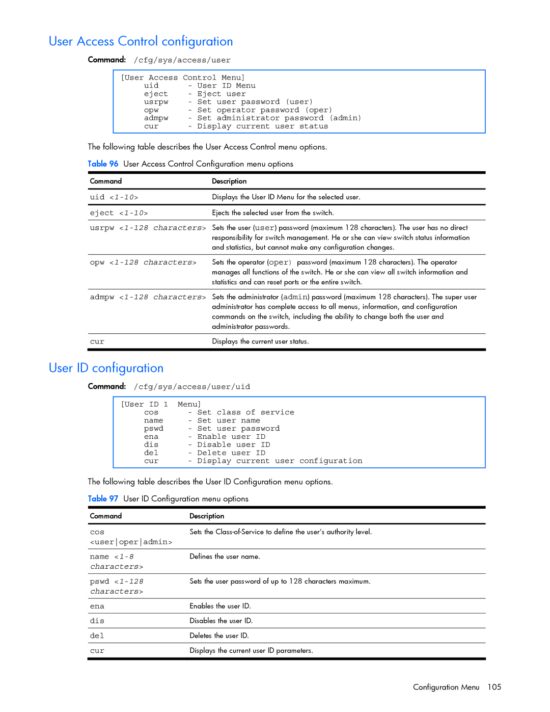 HP GbE2c manual User Access Control configuration, User ID configuration, Useroperadmin Name 