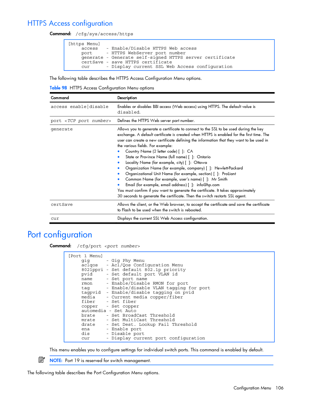 HP GbE2c manual Port configuration, Https Access configuration, Access enabledisable 