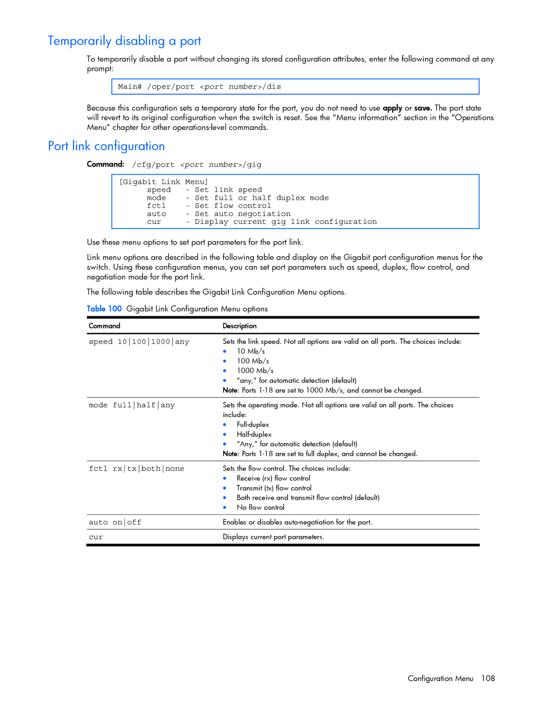 HP GbE2c manual Temporarily disabling a port, Port link configuration 