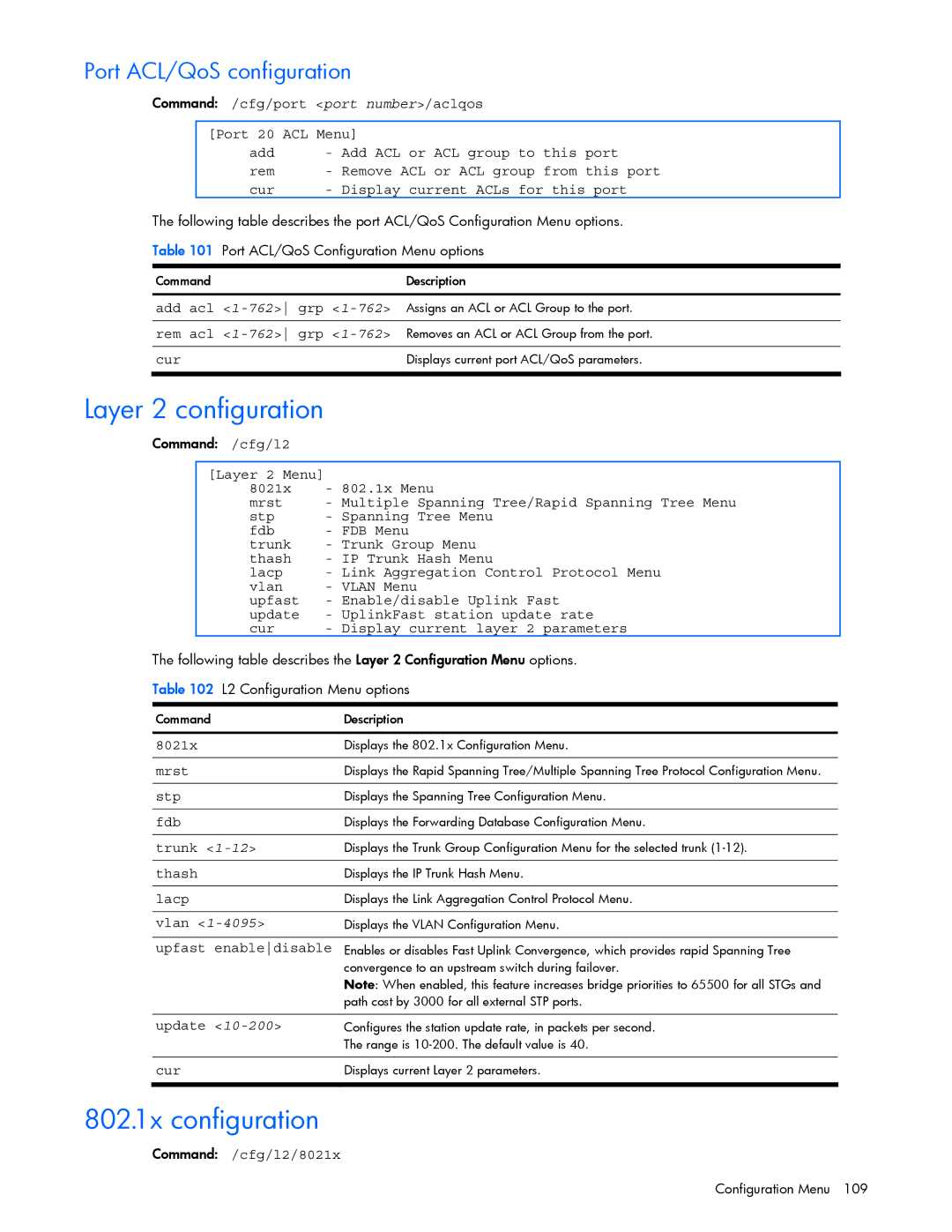 HP GbE2c manual Layer 2 configuration, 802.1x configuration, Port ACL/QoS configuration 