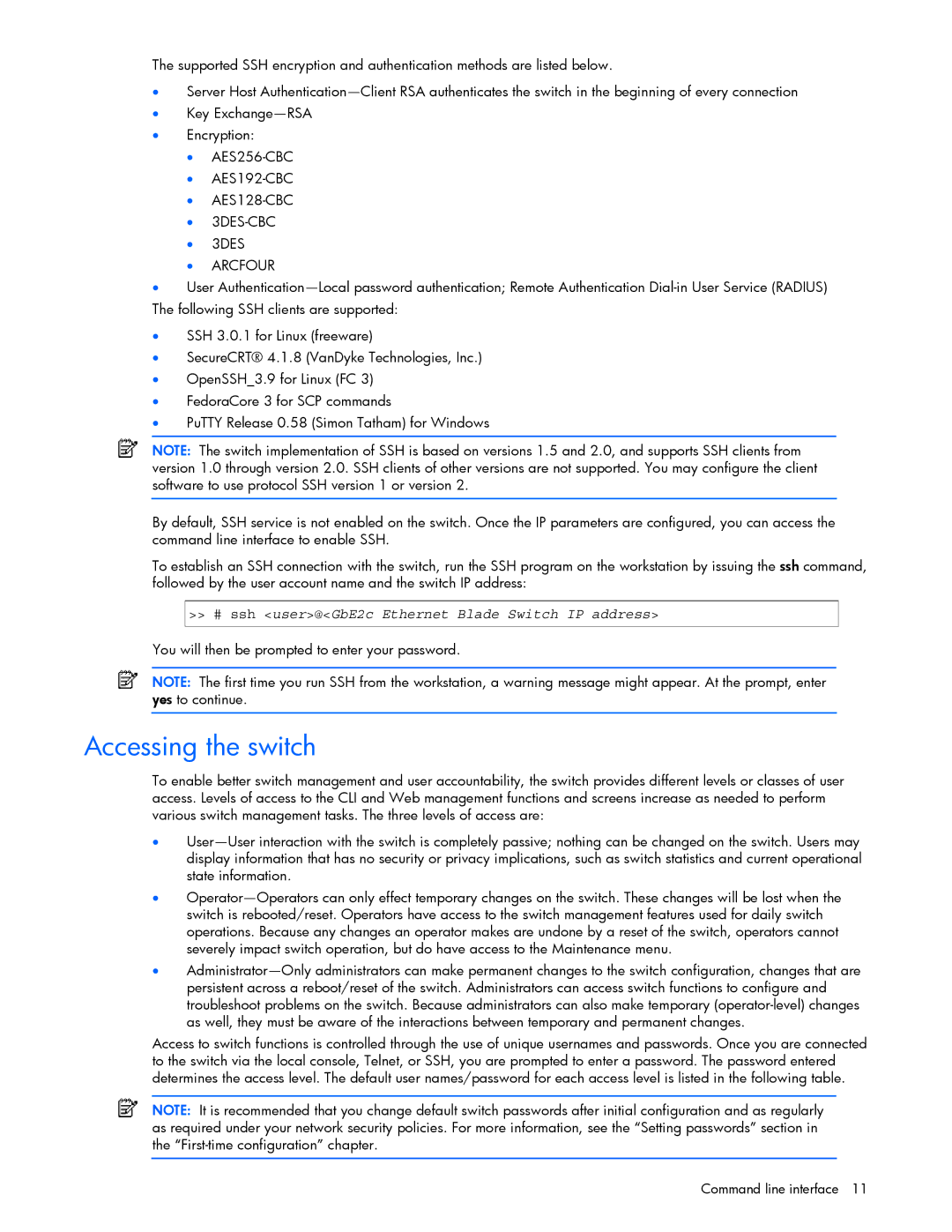 HP manual Accessing the switch, # ssh user@GbE2c Ethernet Blade Switch IP address 