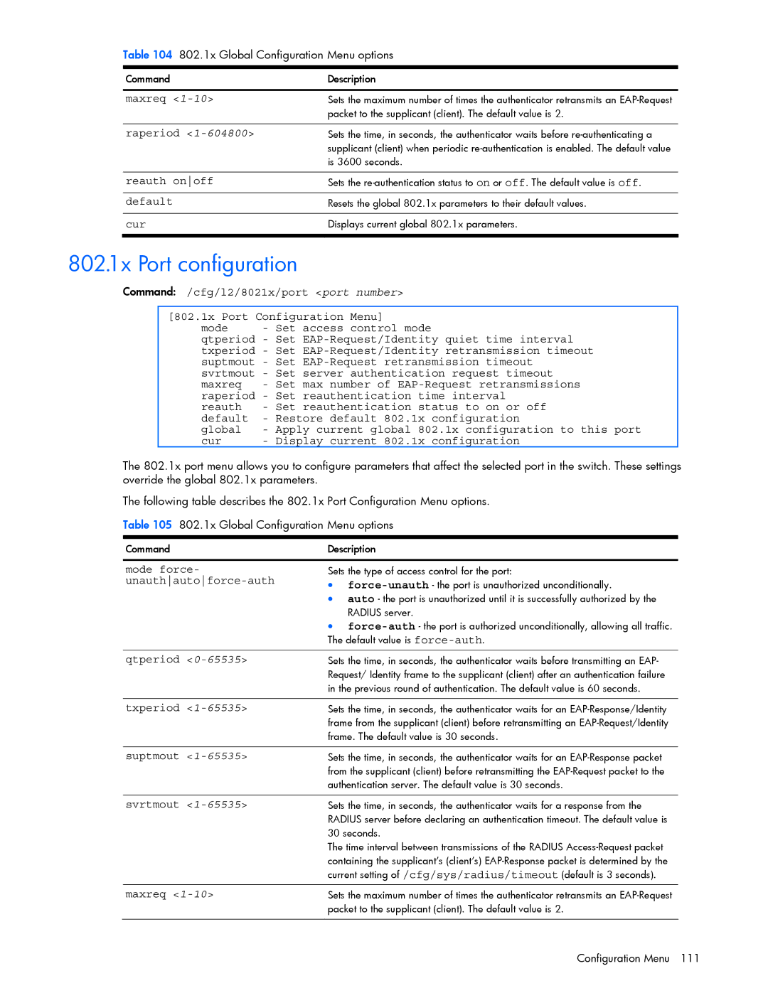 HP GbE2c manual 802.1x Port configuration, Reauth onoff 