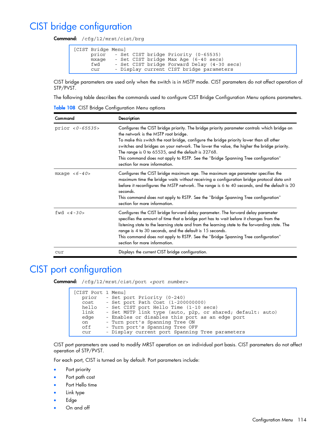 HP GbE2c manual Cist bridge configuration, Cist port configuration 