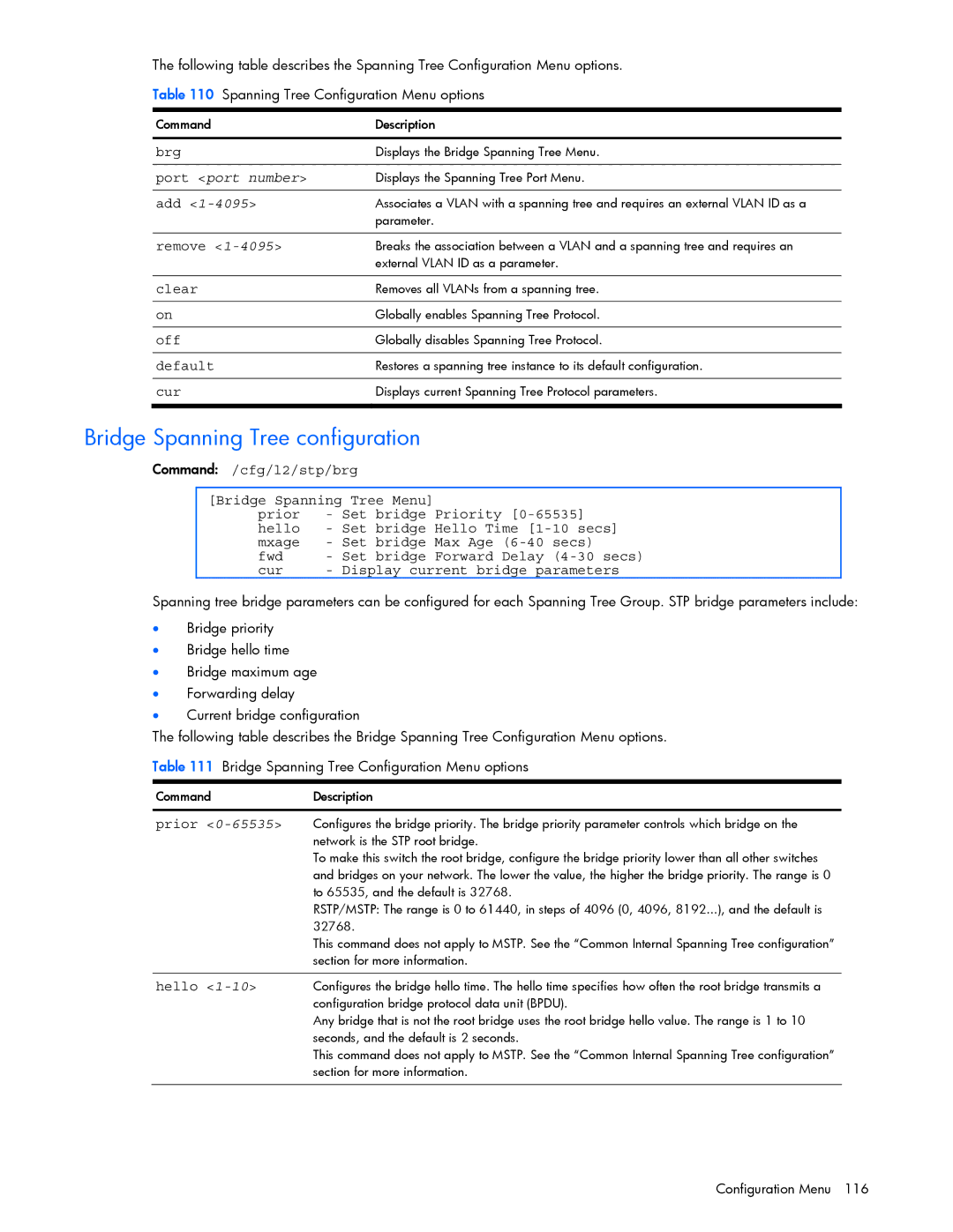 HP GbE2c manual Bridge Spanning Tree configuration, Port port number 