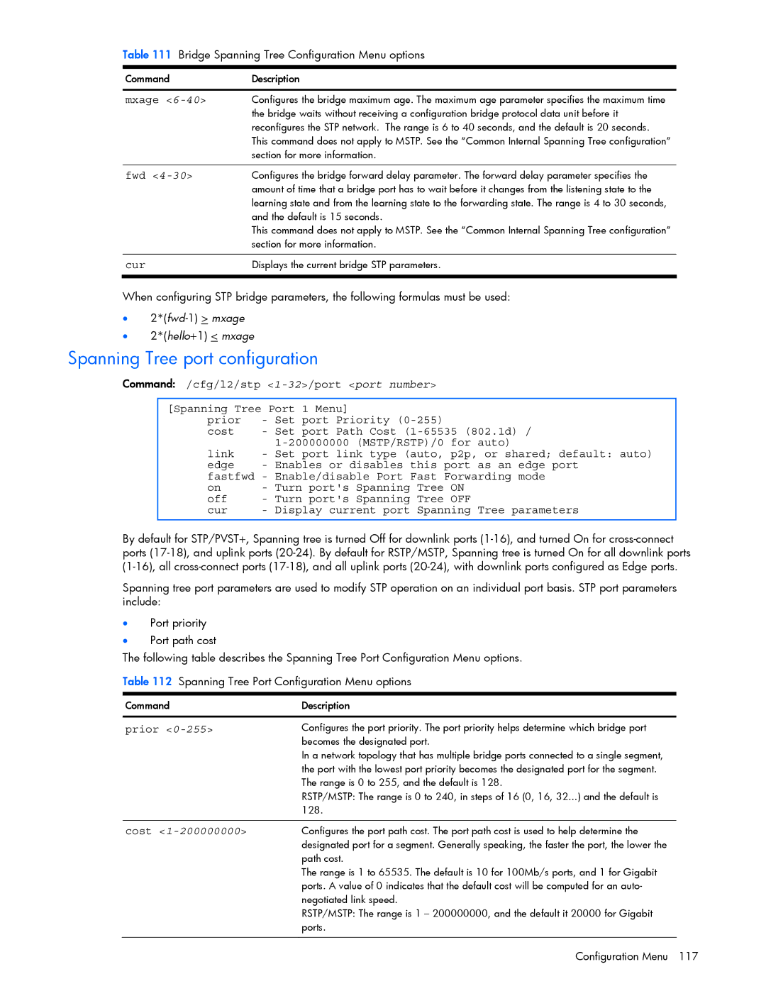 HP GbE2c manual Spanning Tree port configuration 