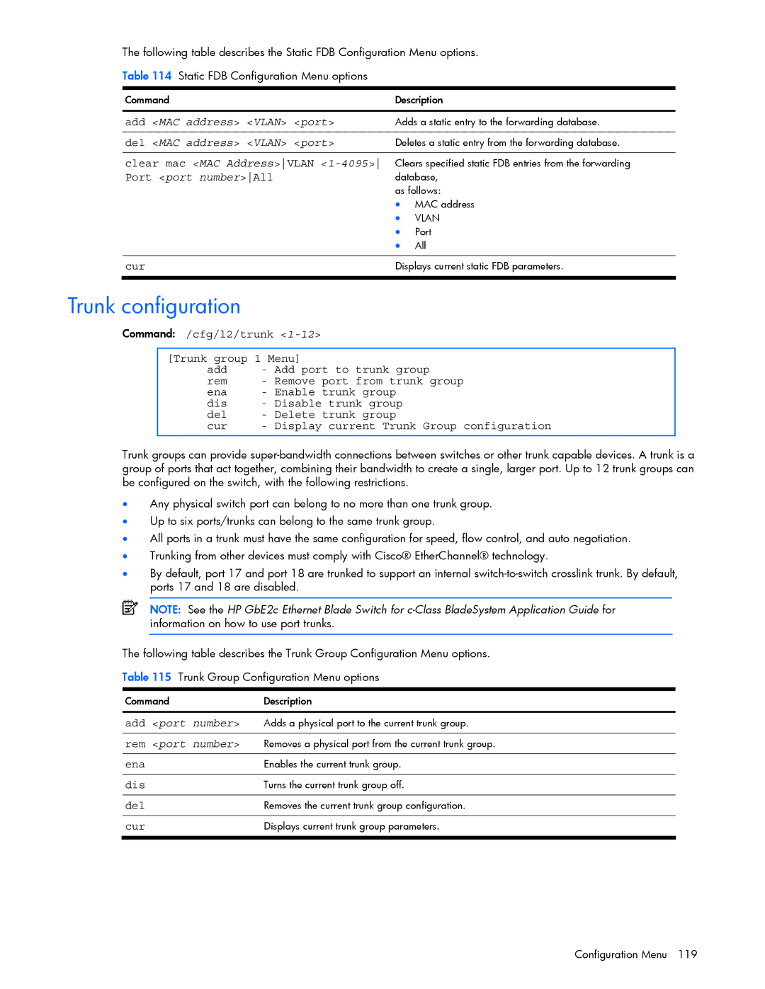 HP GbE2c Trunk configuration, MAC address Vlan port, Clear mac MAC AddressVLAN 1-4095 Port port numberAll, Add port number 