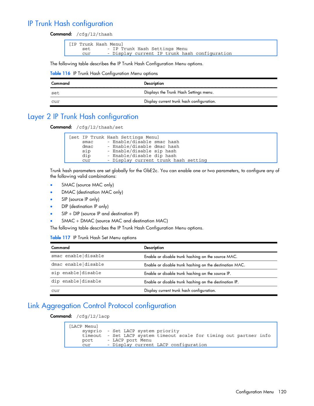 HP GbE2c manual Layer 2 IP Trunk Hash configuration, Link Aggregation Control Protocol configuration 