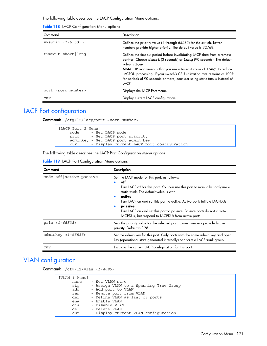 HP GbE2c manual Lacp Port configuration, Vlan configuration, Timeout shortlong, Mode offactivepassive 