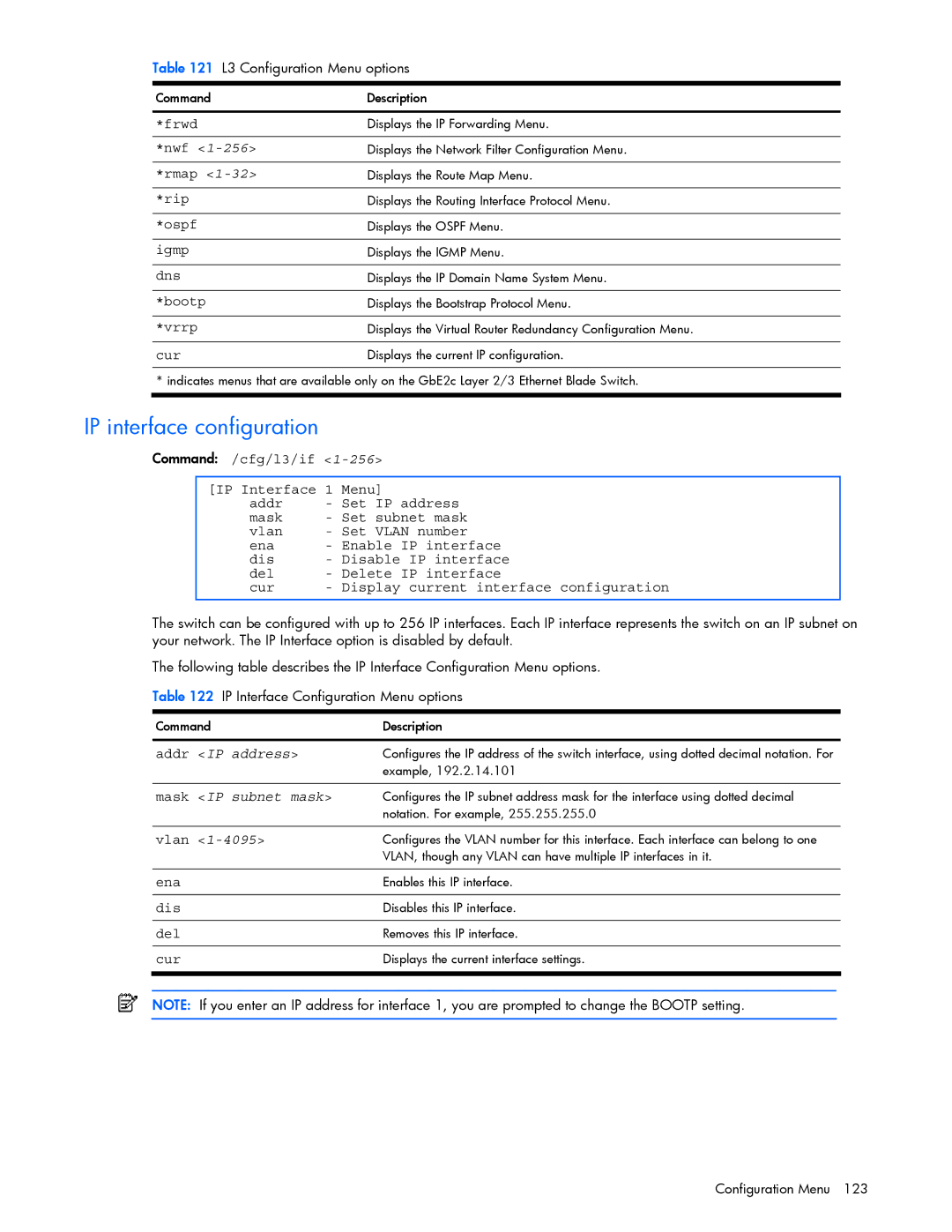 HP GbE2c manual IP interface configuration, Addr IP address, Mask IP subnet mask 