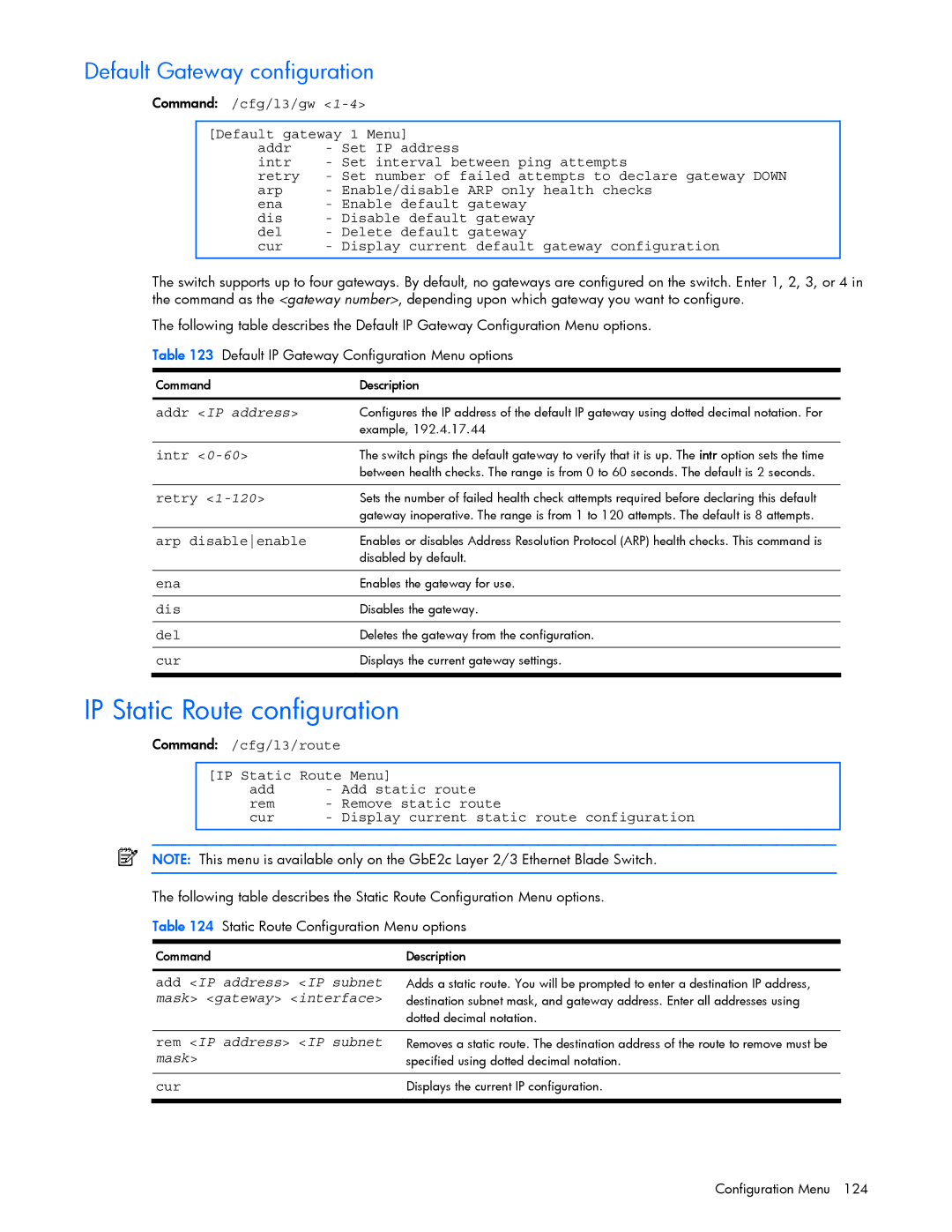 HP GbE2c manual IP Static Route configuration, Default Gateway configuration 