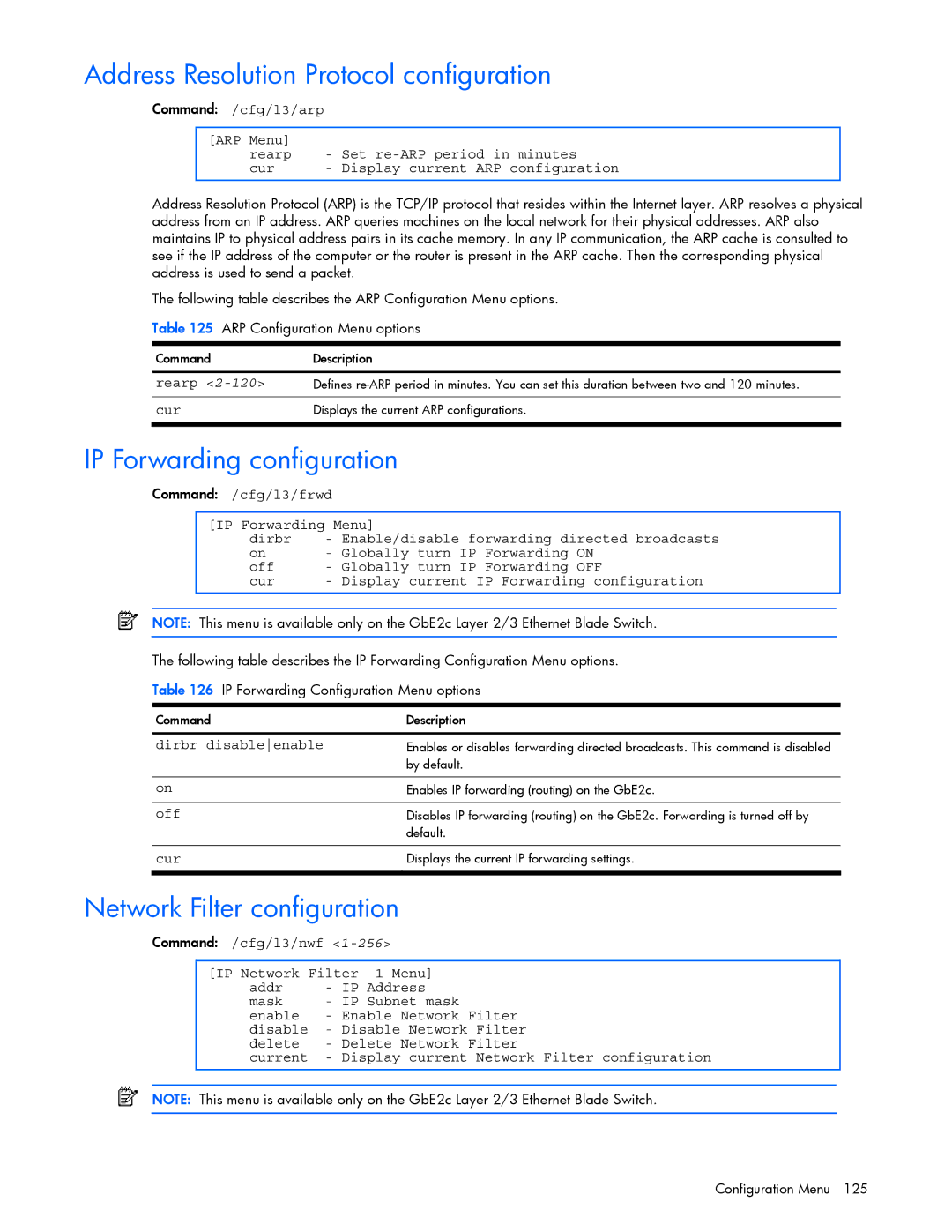 HP GbE2c manual Address Resolution Protocol configuration, IP Forwarding configuration, Network Filter configuration 