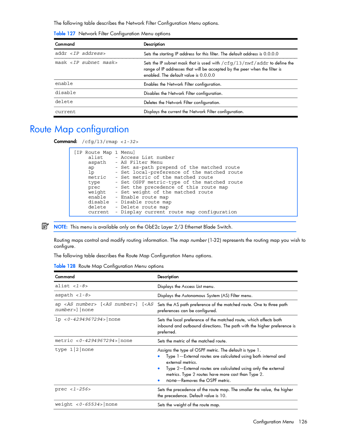 HP GbE2c manual Route Map configuration, Ap AS number AS number AS, Lp 0-4294967294 none 