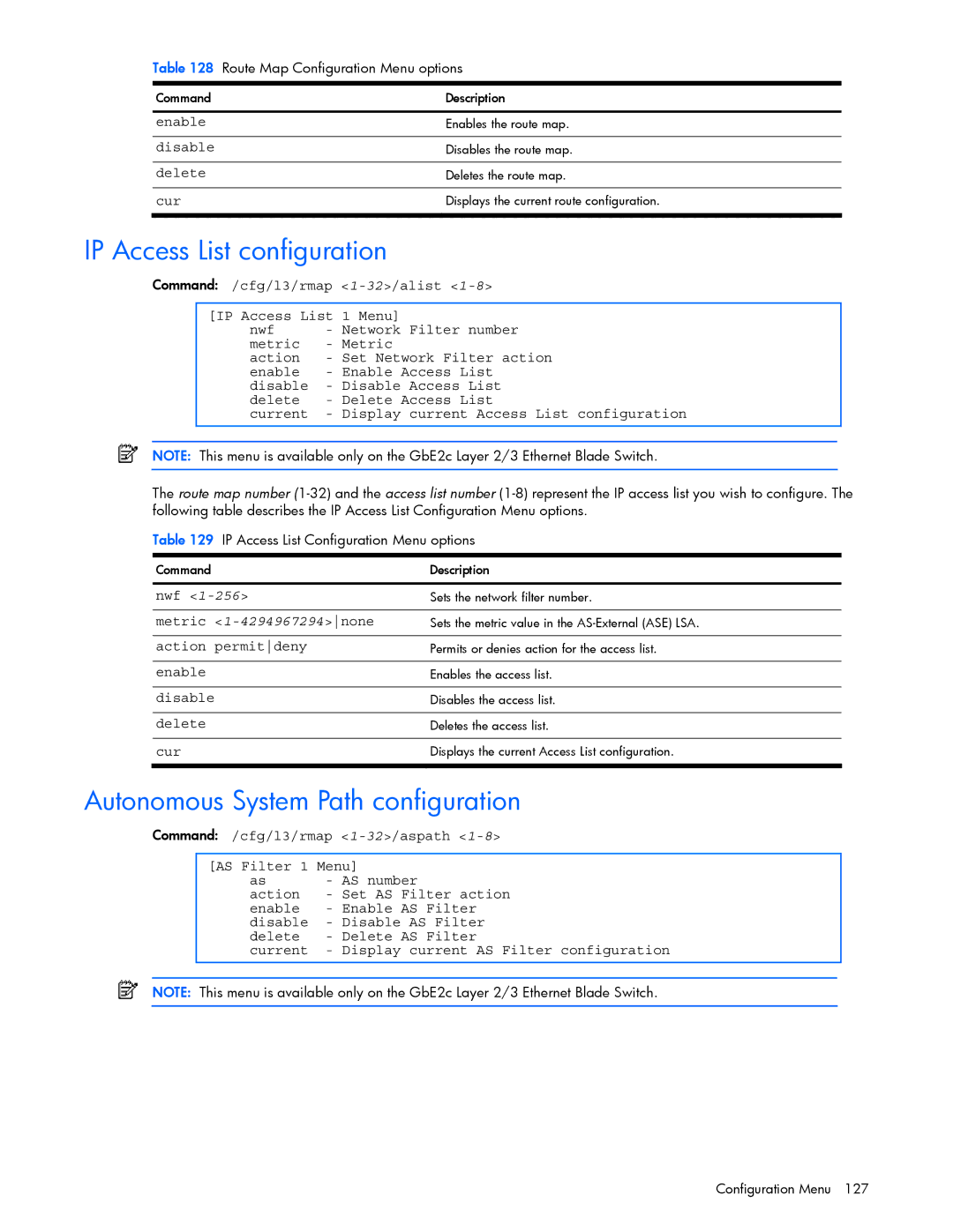 HP GbE2c IP Access List configuration, Autonomous System Path configuration, Metric 1-4294967294none, Action permitdeny 