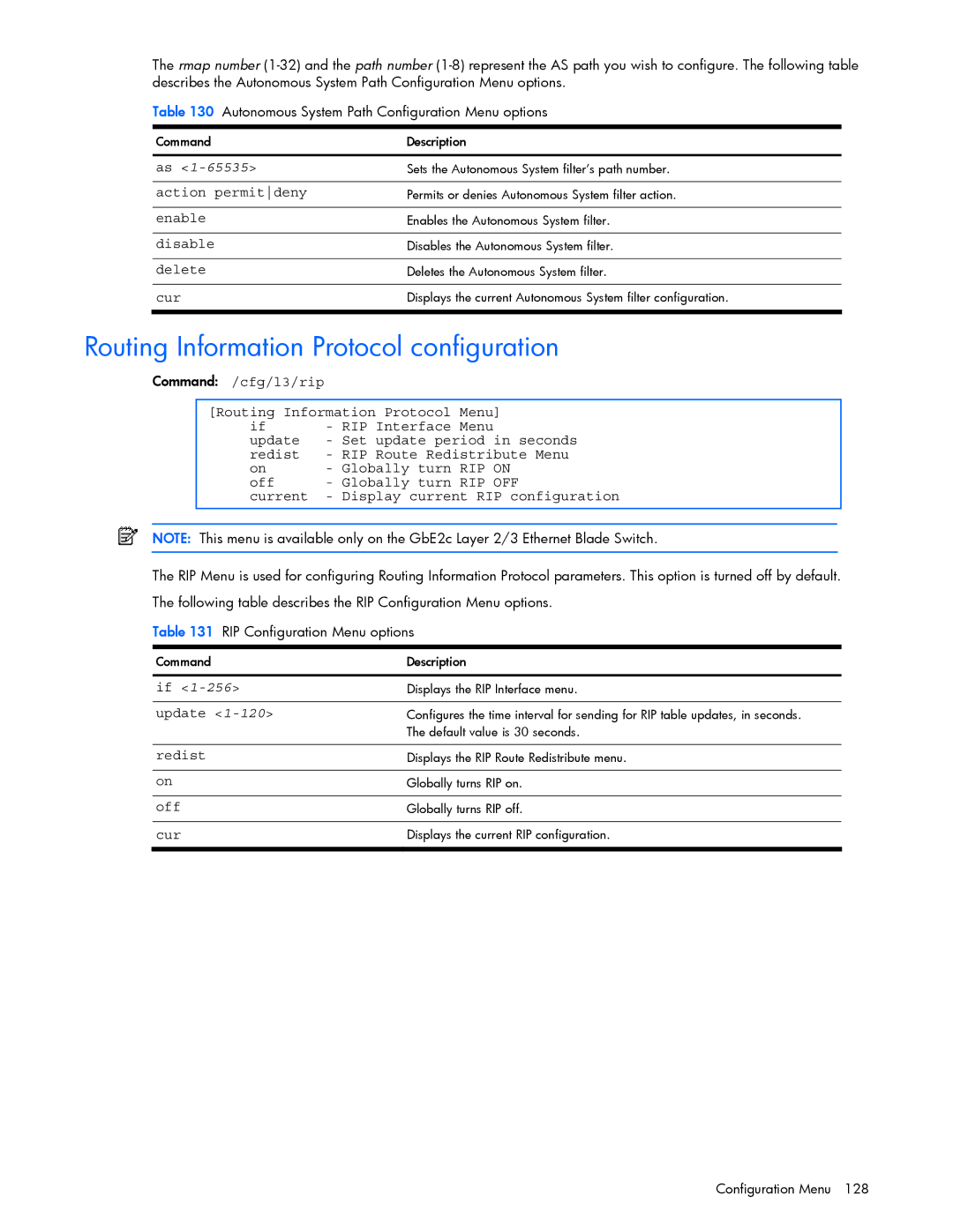 HP GbE2c manual Routing Information Protocol configuration, RIP on, Off Globally turn, Rip Off 