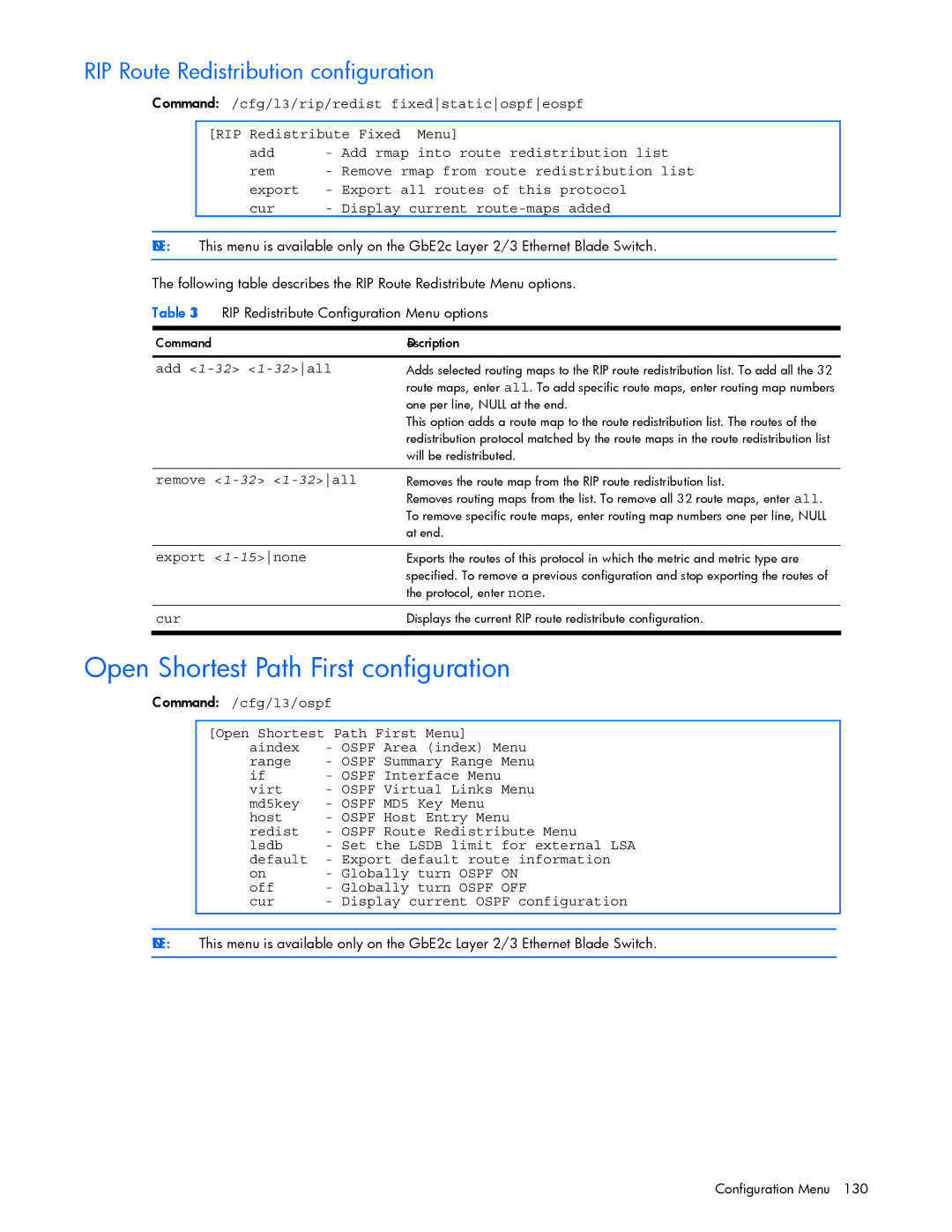 HP GbE2c manual Open Shortest Path First configuration, RIP Route Redistribution configuration, Off 