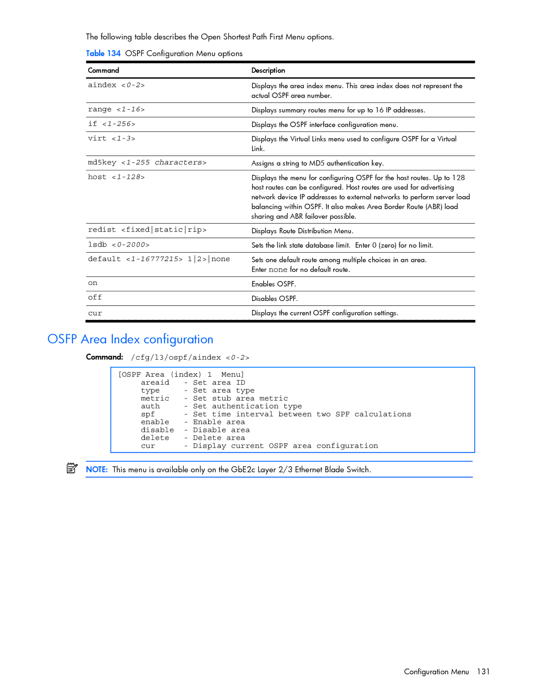 HP GbE2c manual Osfp Area Index configuration, Md5key 1-255 characters, Redist fixedstaticrip, Default 1-16777215 12none 