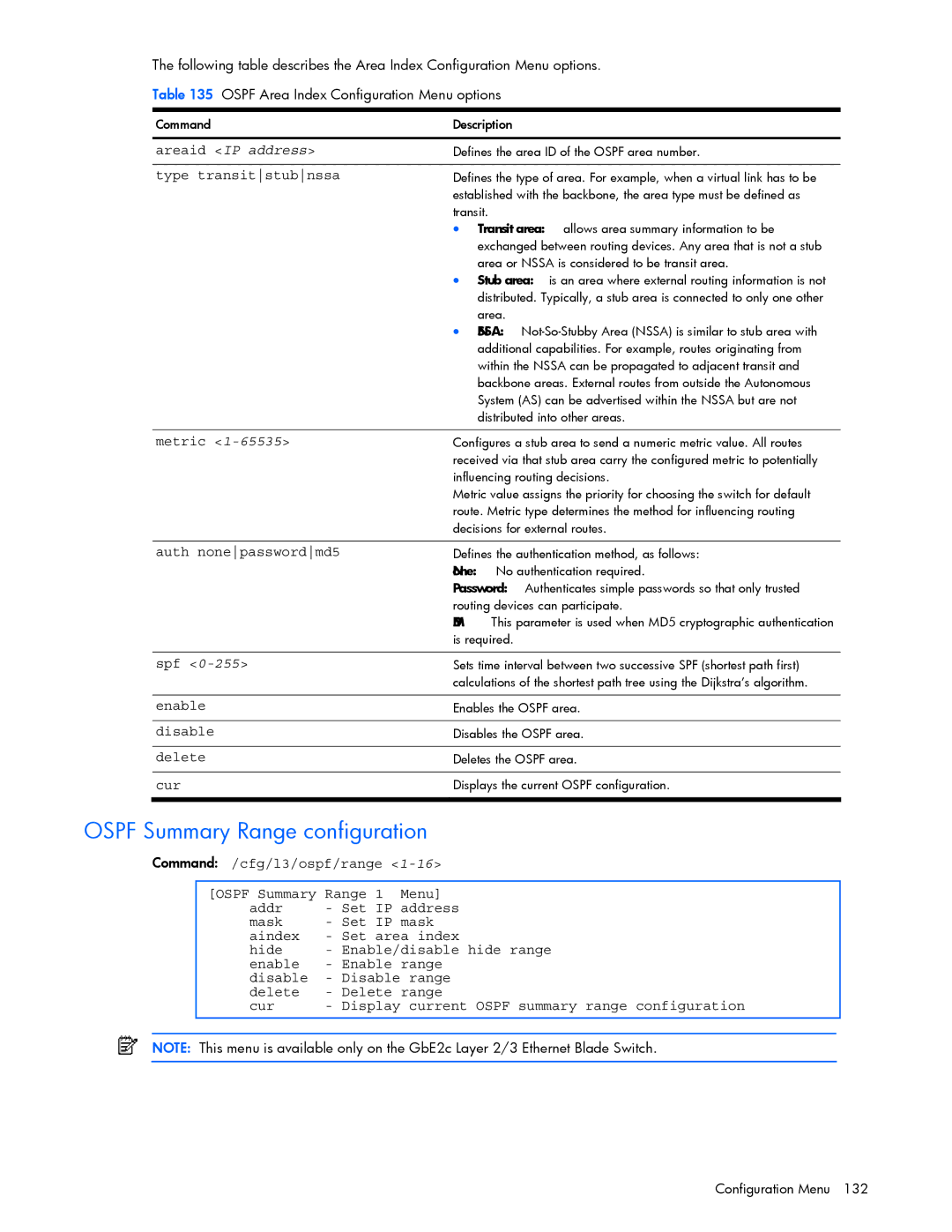 HP GbE2c manual Ospf Summary Range configuration, Areaid IP address, Type transitstubnssa, Auth nonepasswordmd5 