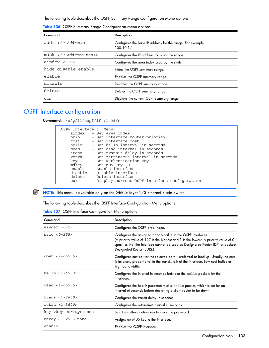 HP GbE2c manual Ospf Interface configuration, Mask IP address mask, Key key stringnone, Mdkey 1-255none 