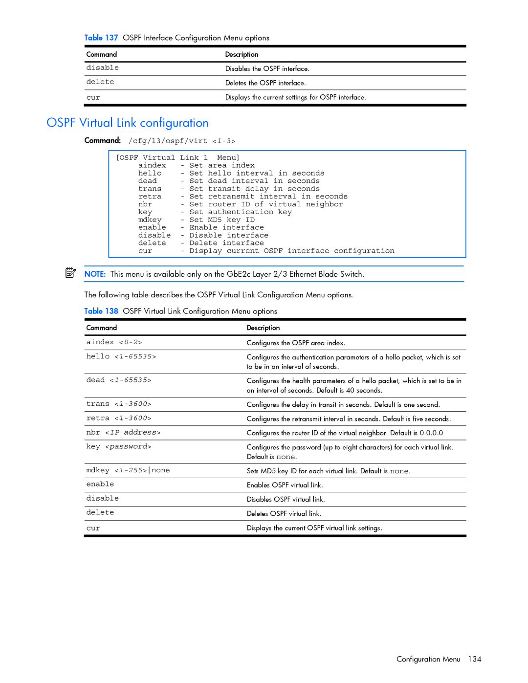 HP GbE2c manual Ospf Virtual Link configuration, Nbr IP address, Key password 