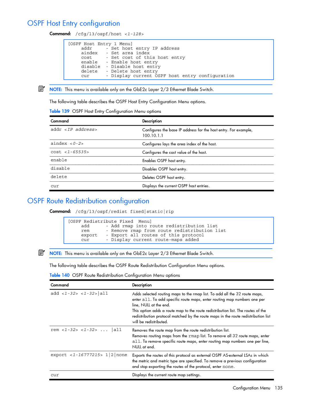 HP GbE2c manual Ospf Host Entry configuration, Ospf Route Redistribution configuration, Rem 1-32 1-32 ... all 