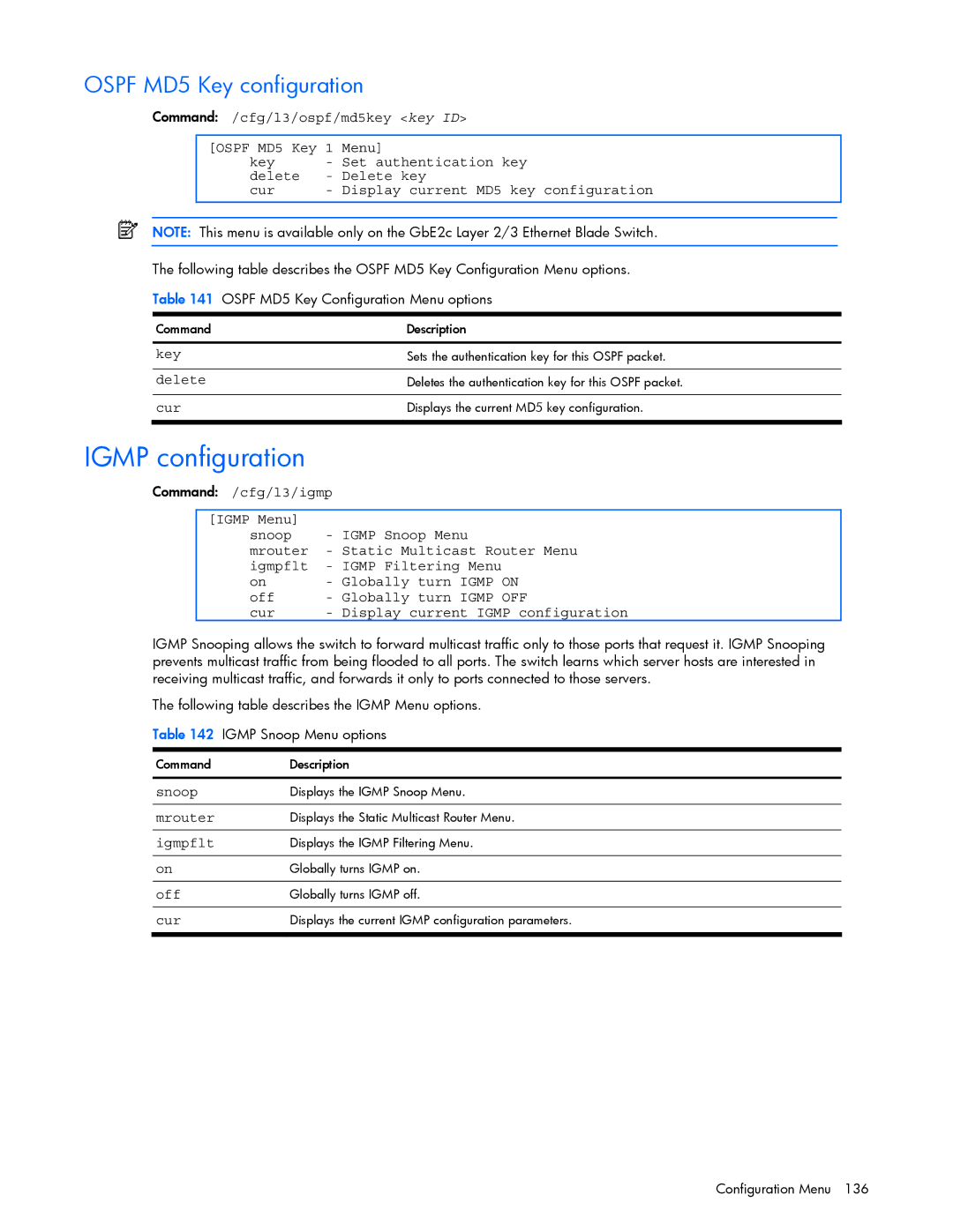 HP GbE2c manual Igmp configuration, Ospf MD5 Key configuration 