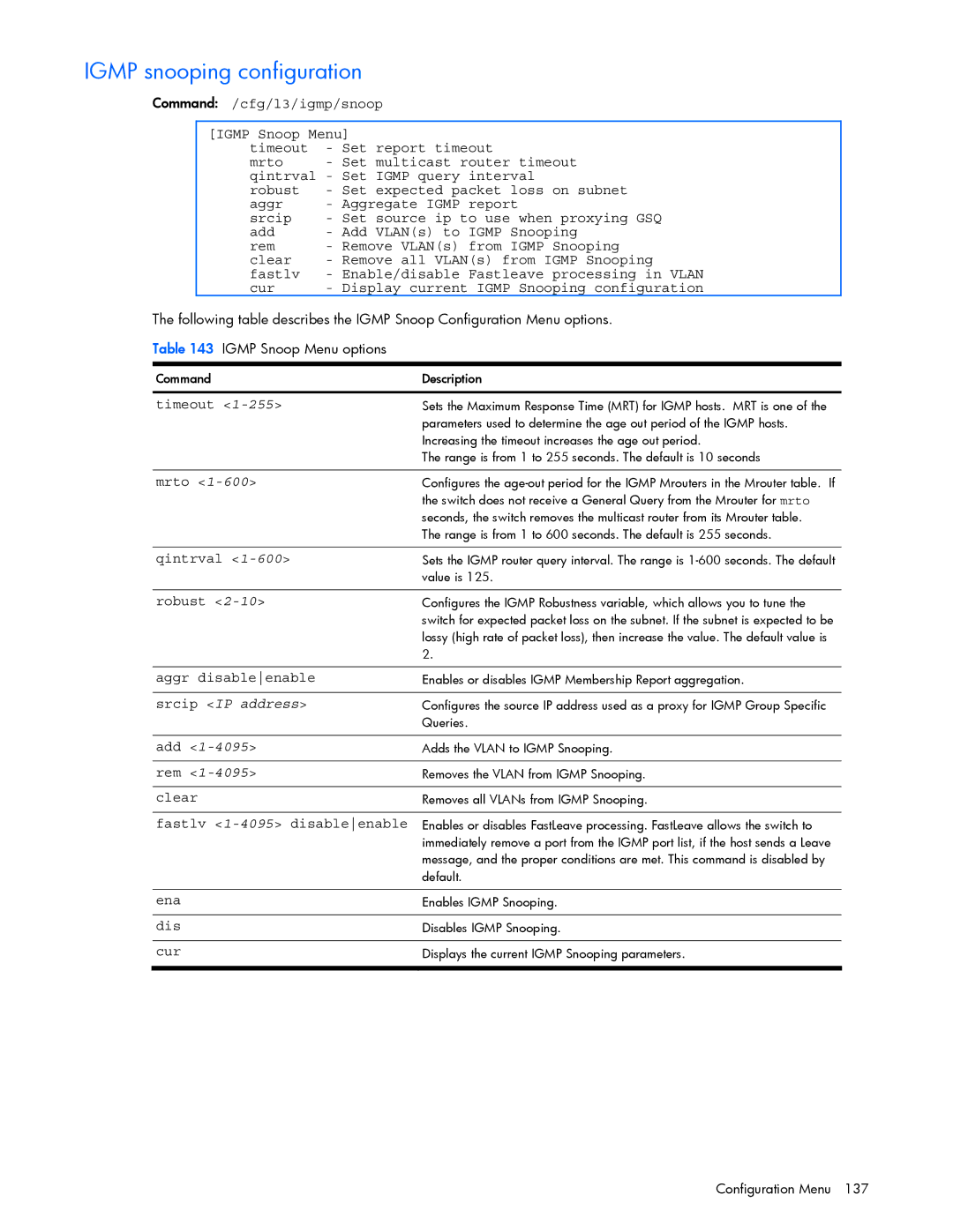 HP GbE2c manual Igmp snooping configuration, Aggr disableenable, Srcip IP address, Fastlv 1-4095 disableenable 