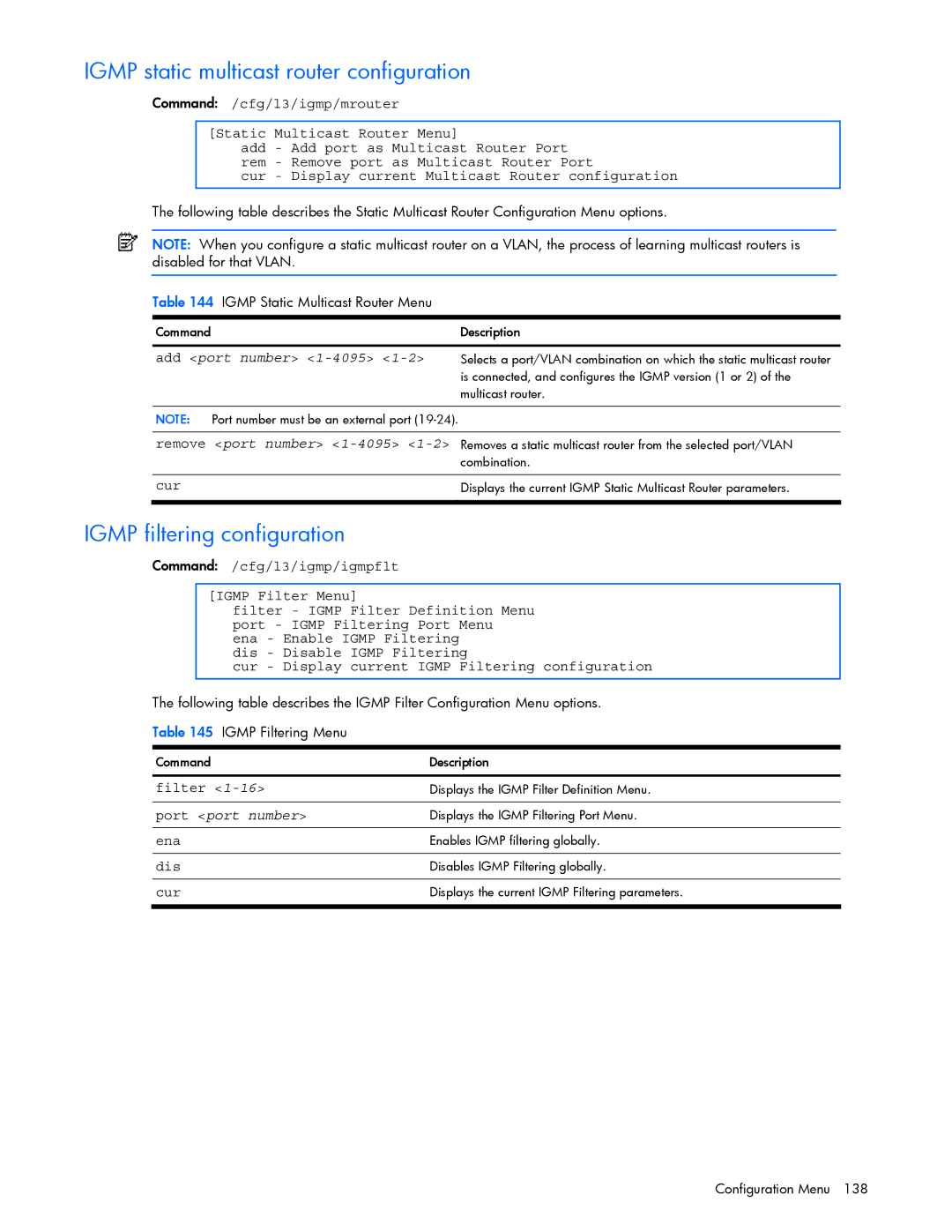 HP GbE2c manual Igmp static multicast router configuration, Igmp filtering configuration, Add port number 1-4095, Filter 