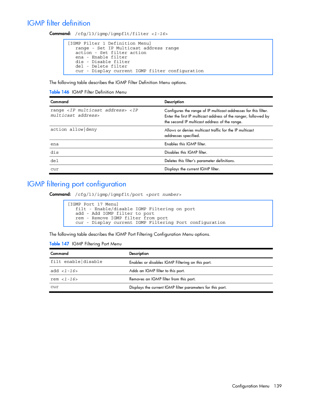 HP GbE2c manual Igmp filter definition, Igmp filtering port configuration, Range IP multicast address IP, Multicast address 