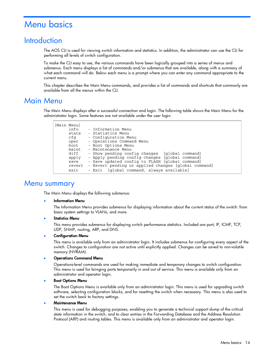 HP GbE2c manual Main Menu, Menu summary 