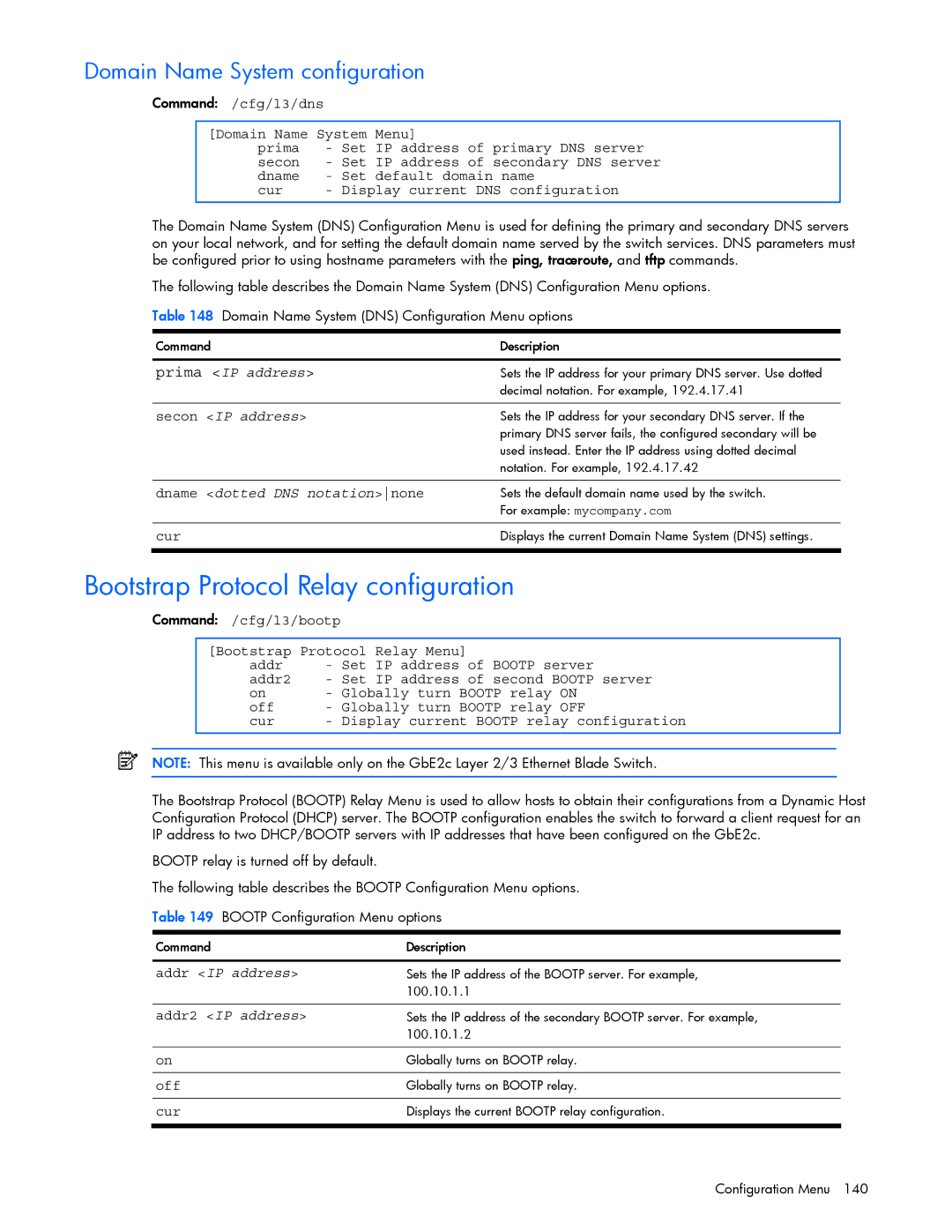 HP GbE2c manual Bootstrap Protocol Relay configuration, Domain Name System configuration 