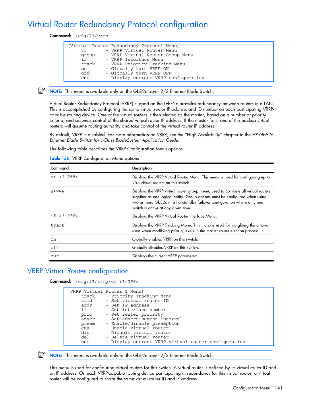 HP GbE2c manual Virtual Router Redundancy Protocol configuration, Vrrp Virtual Router configuration, Vrrp on, Vrrp OFF 