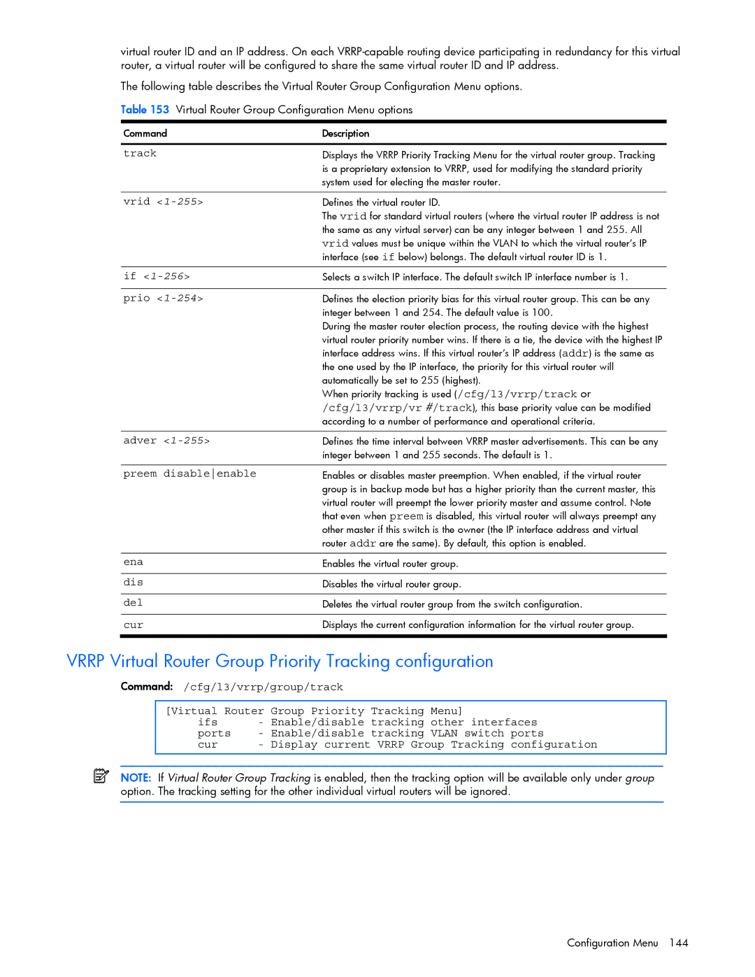 HP GbE2c manual Vrrp Virtual Router Group Priority Tracking configuration 