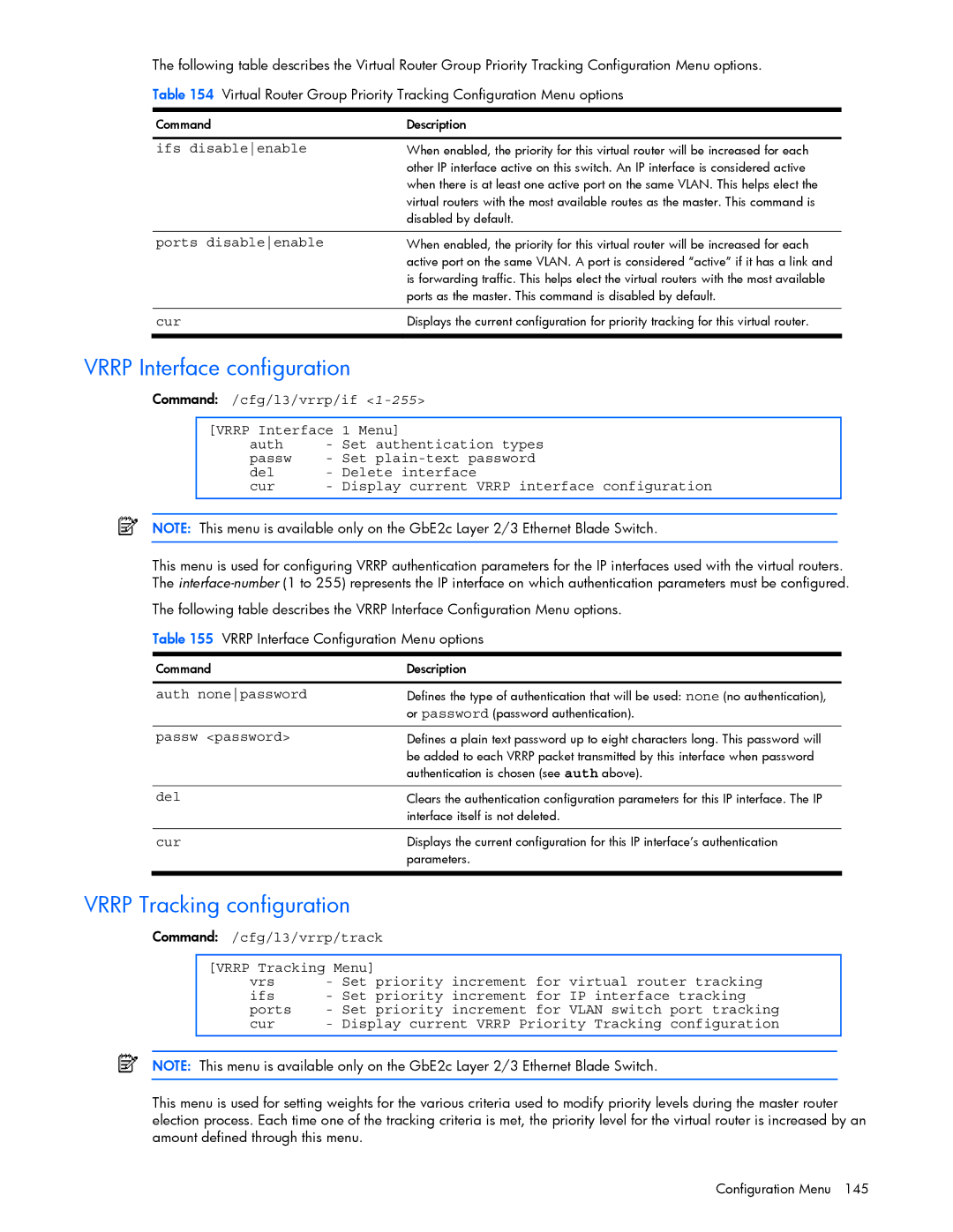 HP GbE2c manual Vrrp Interface configuration, Vrrp Tracking configuration, Passw password, Del Cur 