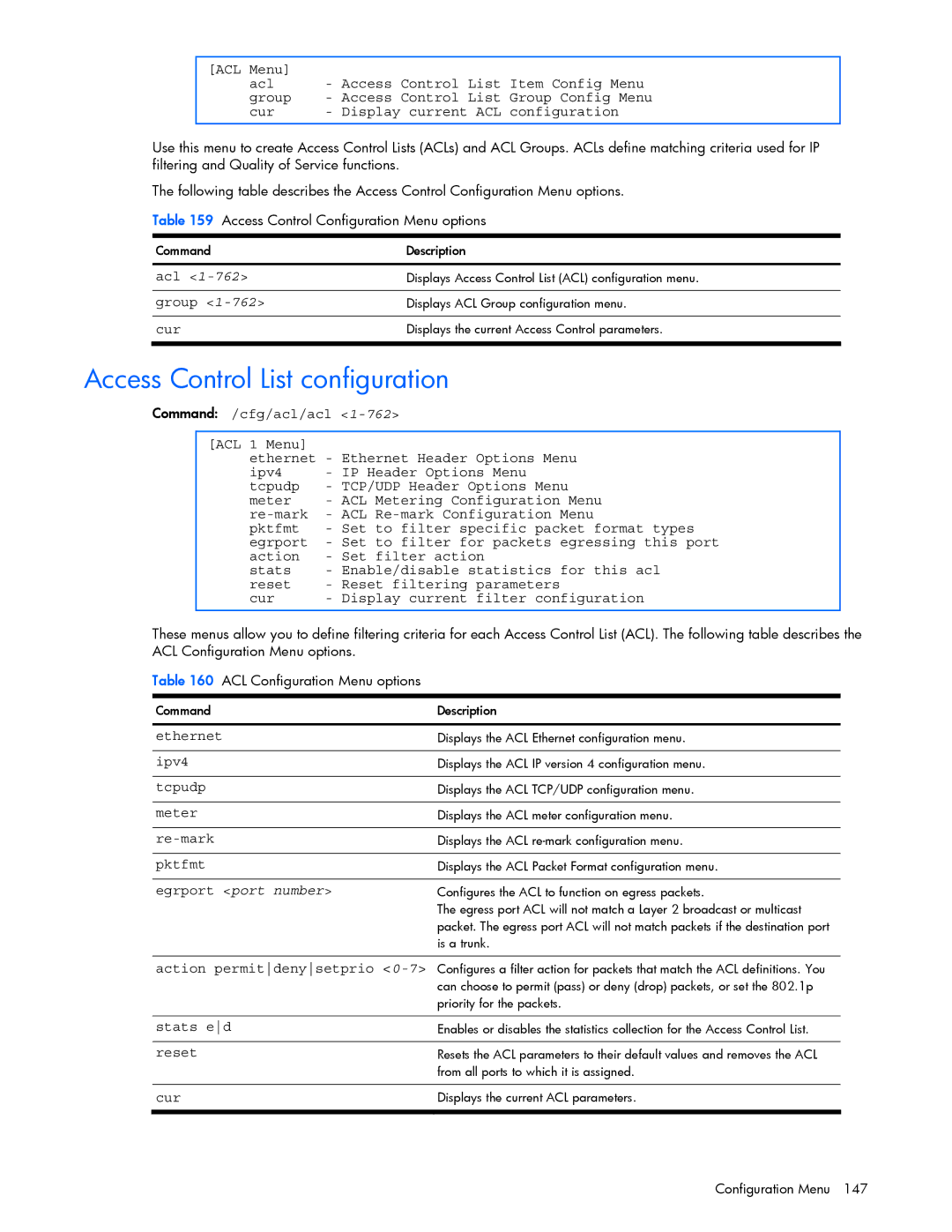 HP GbE2c manual Access Control List configuration, Egrport port number, Action permitdenysetprio, Stats ed 